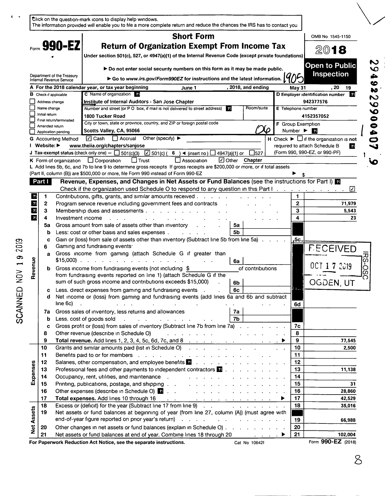 Image of first page of 2018 Form 990EO for INSTITUTE OF INTERNAL AUDITORS / Seattle Chapter