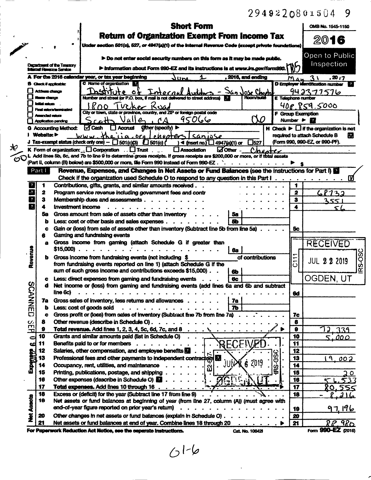 Image of first page of 2016 Form 990EO for INSTITUTE OF INTERNAL AUDITORS / Seattle Chapter