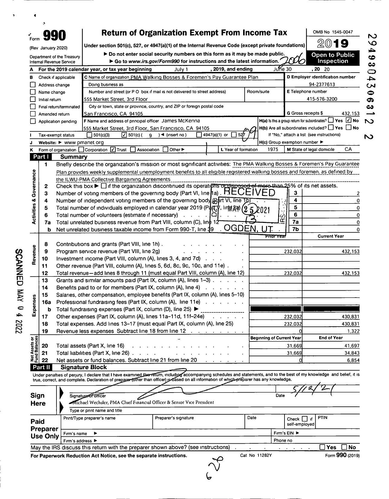 Image of first page of 2019 Form 990O for Pma Walking Bosses and Foremen's Pay Guarantee Plan