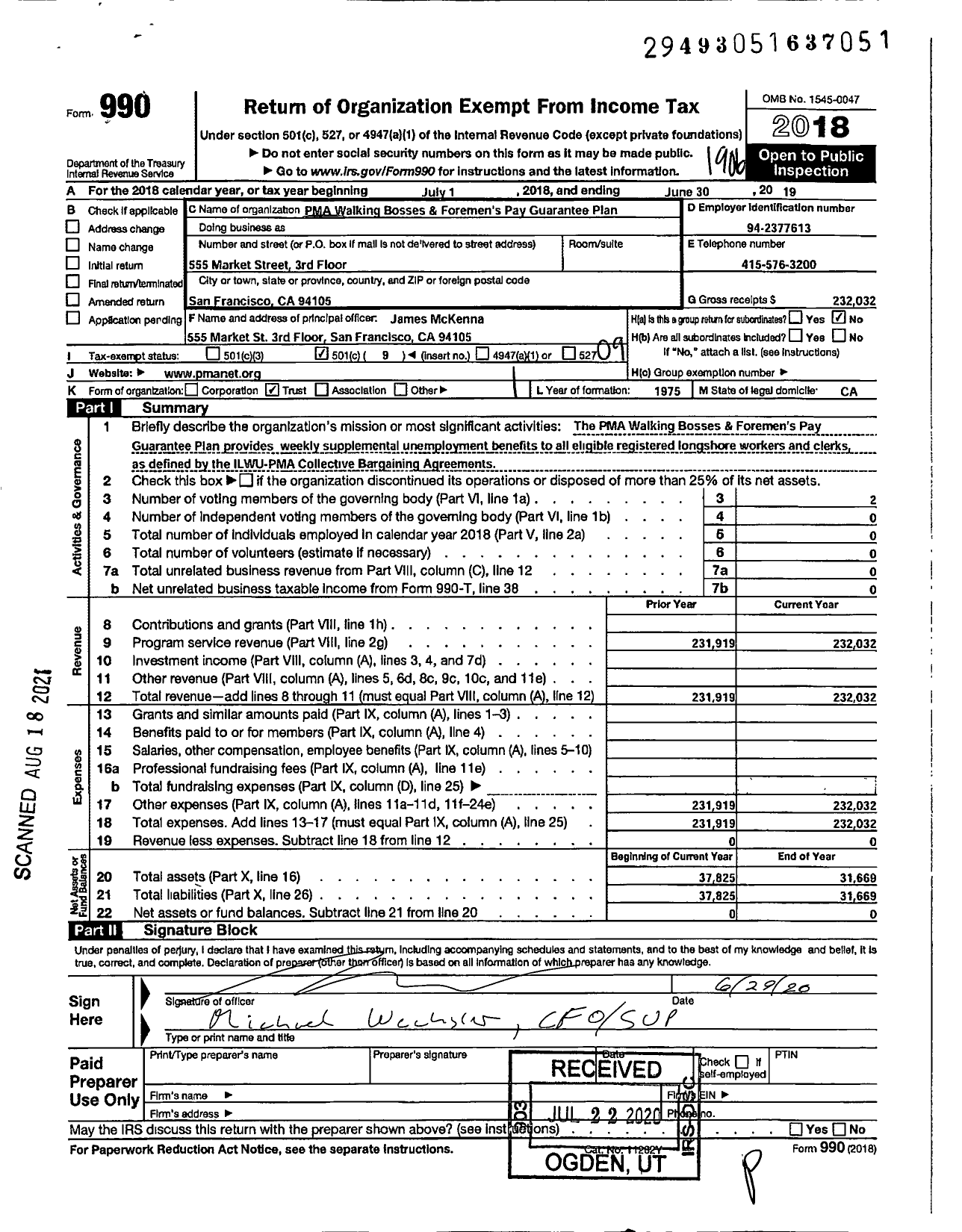 Image of first page of 2018 Form 990O for Pma Walking Bosses and Foremen's Pay Guarantee Plan