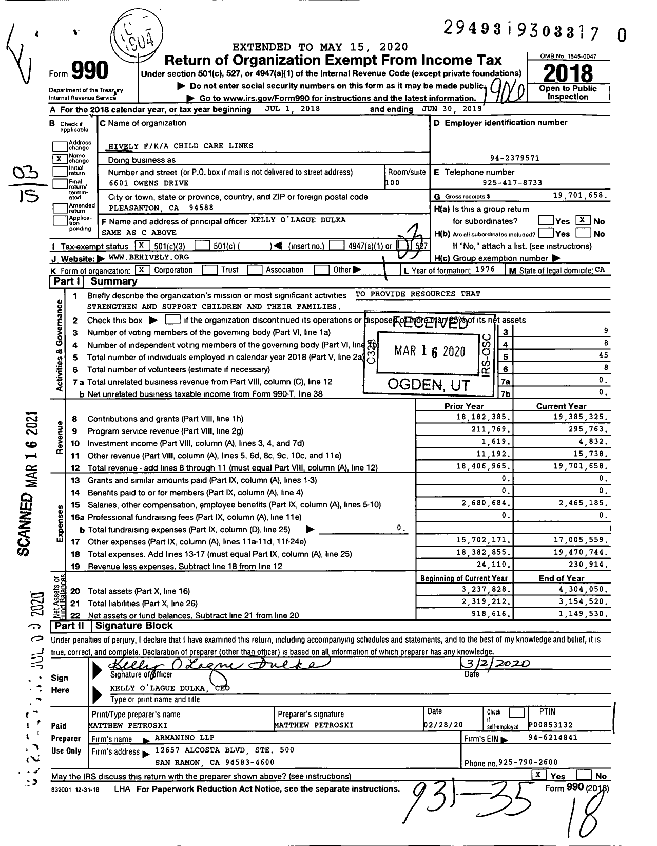 Image of first page of 2018 Form 990 for Hively