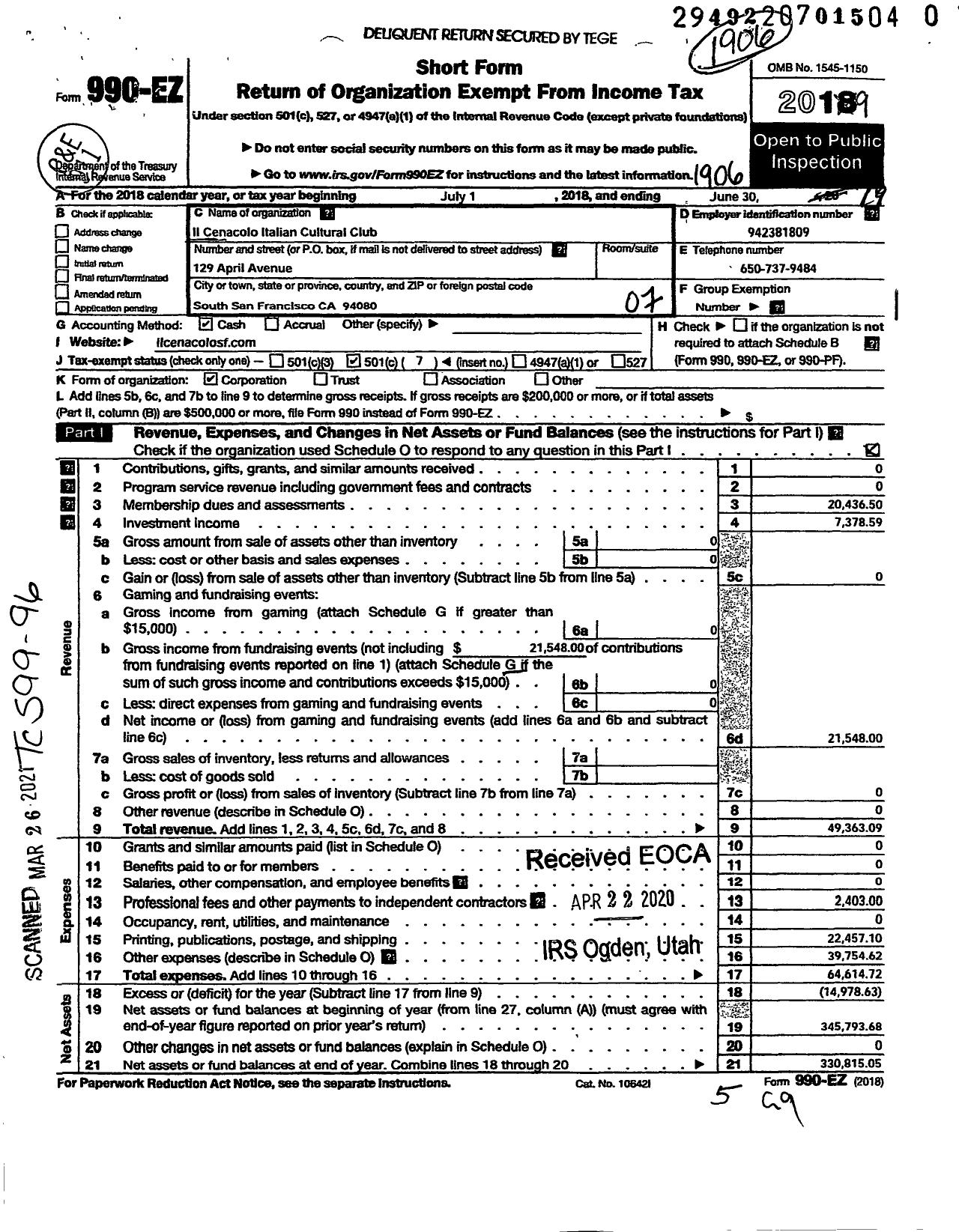 Image of first page of 2018 Form 990EO for Il Cenacolo Italian Cultural Club