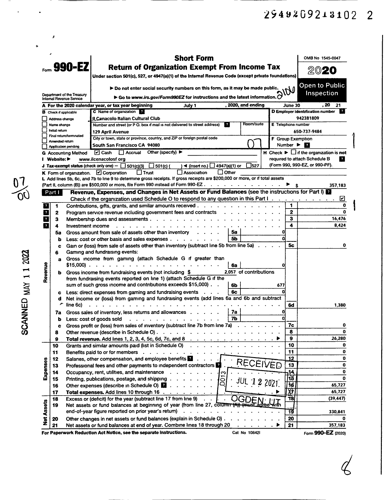 Image of first page of 2020 Form 990EO for Il Cenacolo Italian Cultural Club