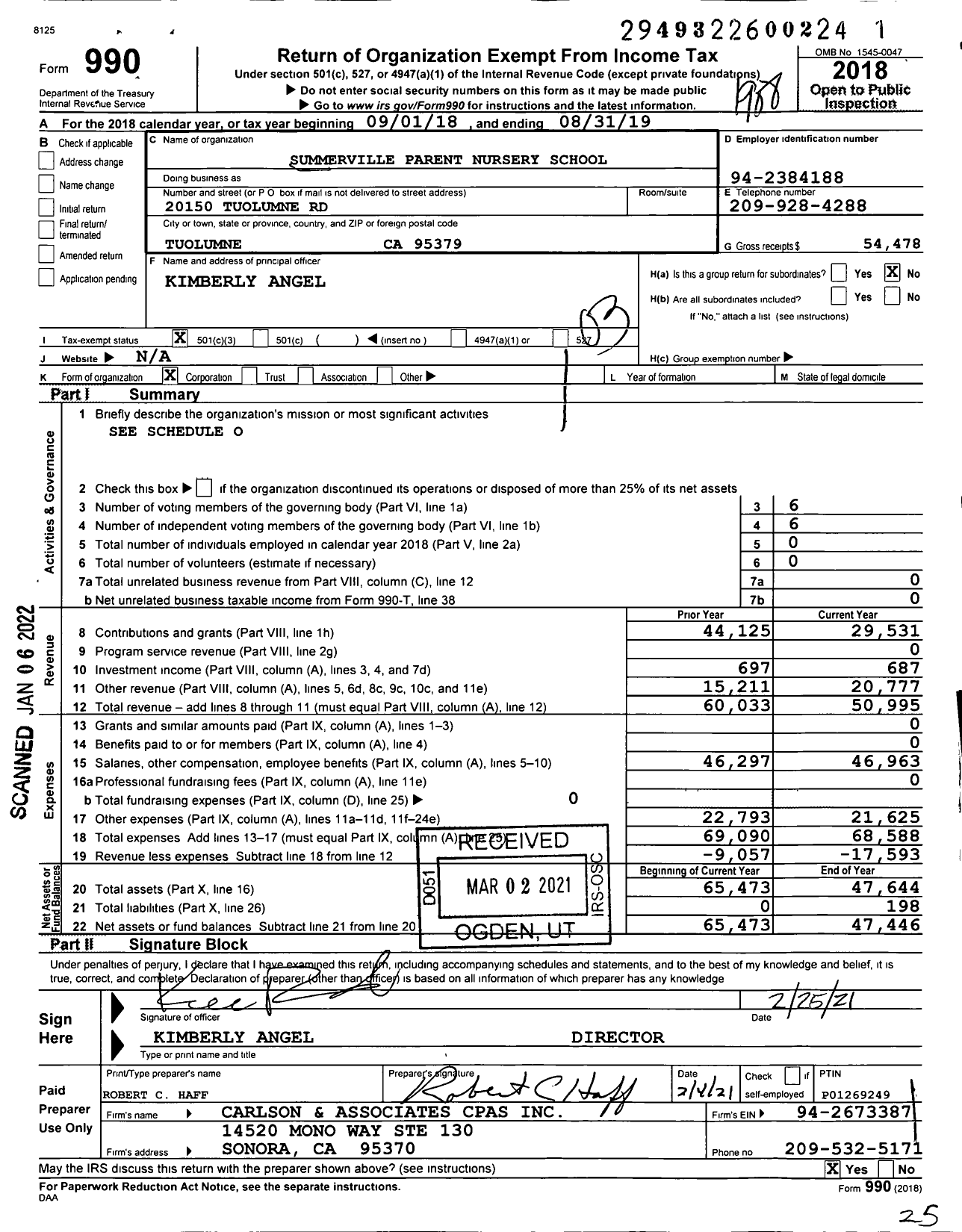 Image of first page of 2018 Form 990 for Summerville Parent Nursery School