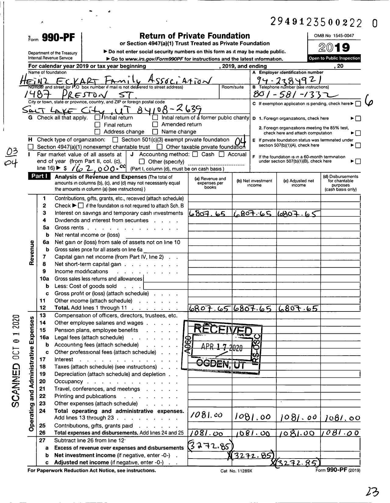 Image of first page of 2019 Form 990PR for Heinz Eckart Family Association