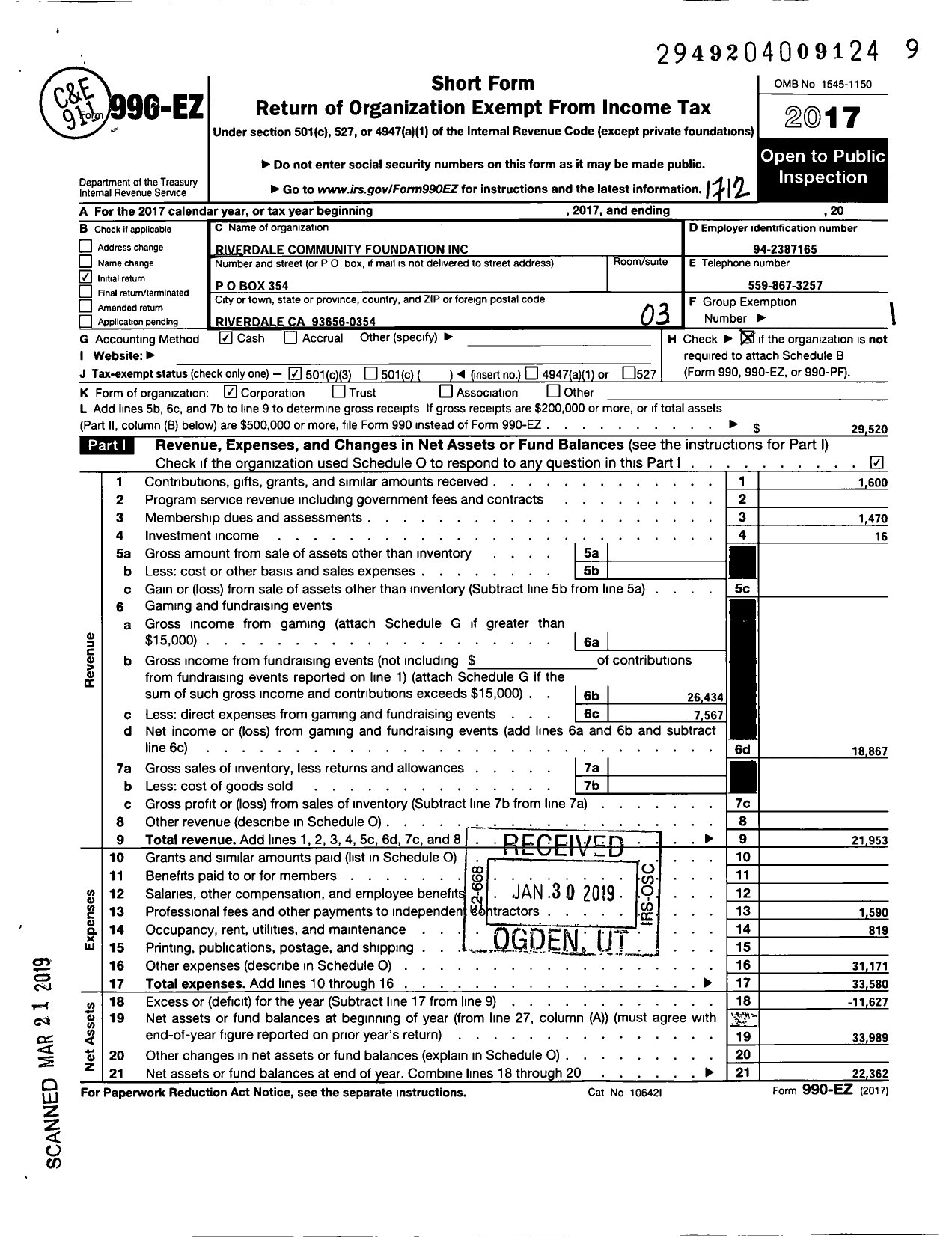 Image of first page of 2017 Form 990EZ for Riverdale Community Foundation