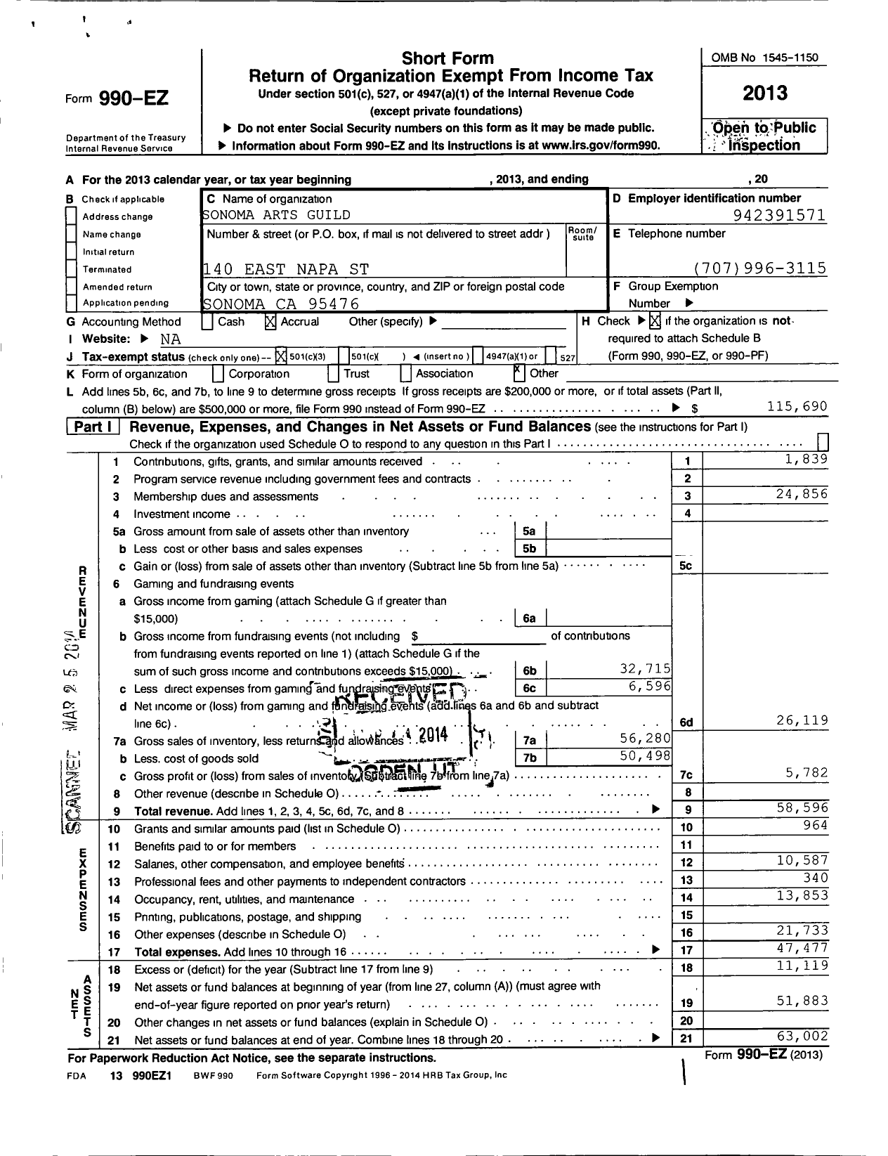 Image of first page of 2013 Form 990EZ for The Arts Guild of Sonoma