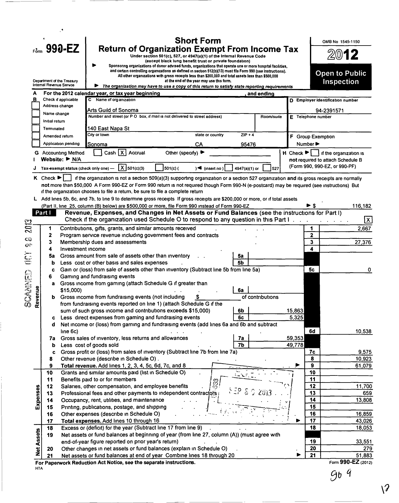 Image of first page of 2012 Form 990EZ for The Arts Guild of Sonoma