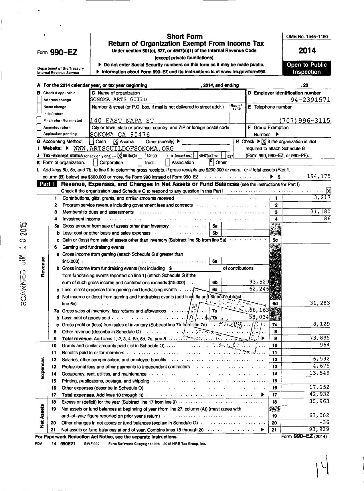 Image of first page of 2014 Form 990EZ for The Arts Guild of Sonoma