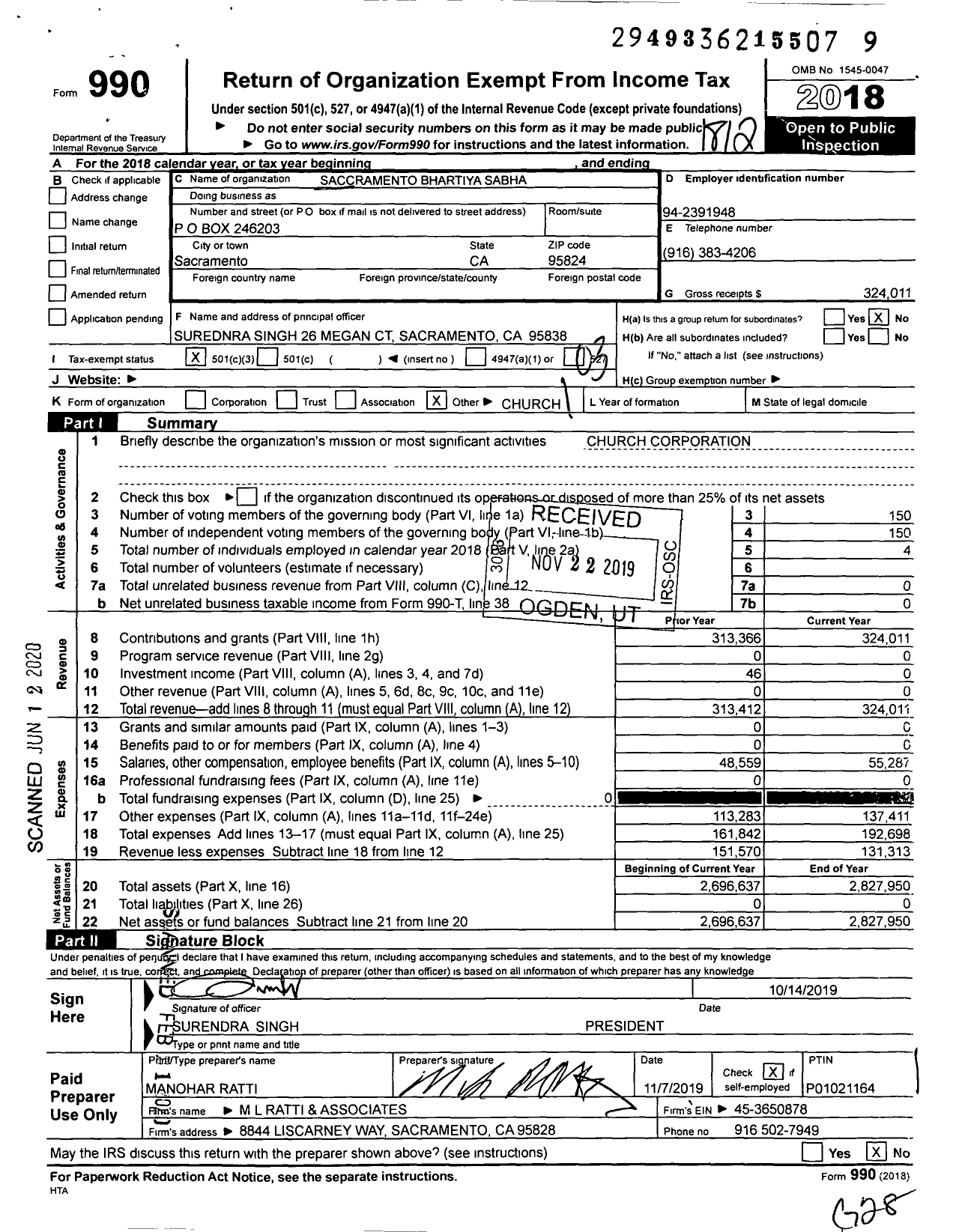 Image of first page of 2018 Form 990 for Sacramento Bhartiya Sabha