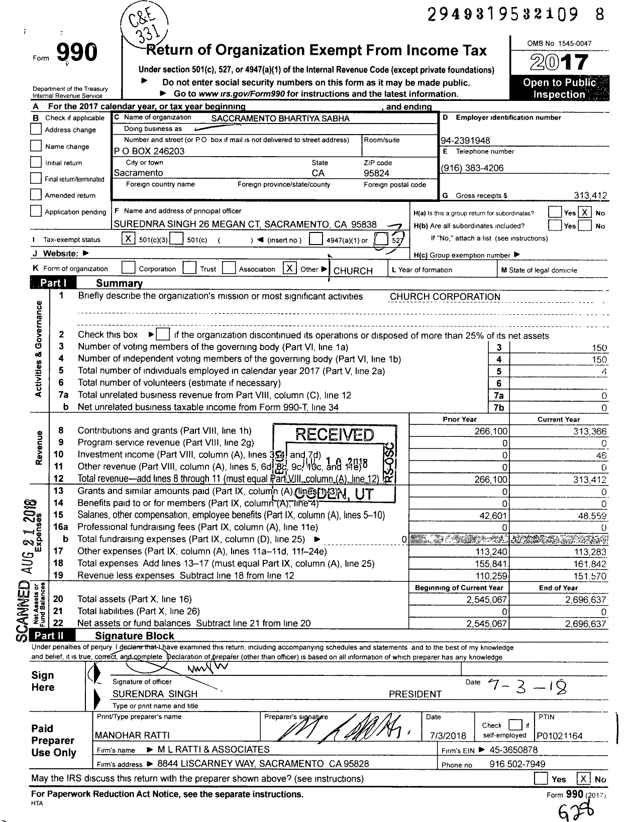 Image of first page of 2017 Form 990 for Sacramento Bhartiya Sabha