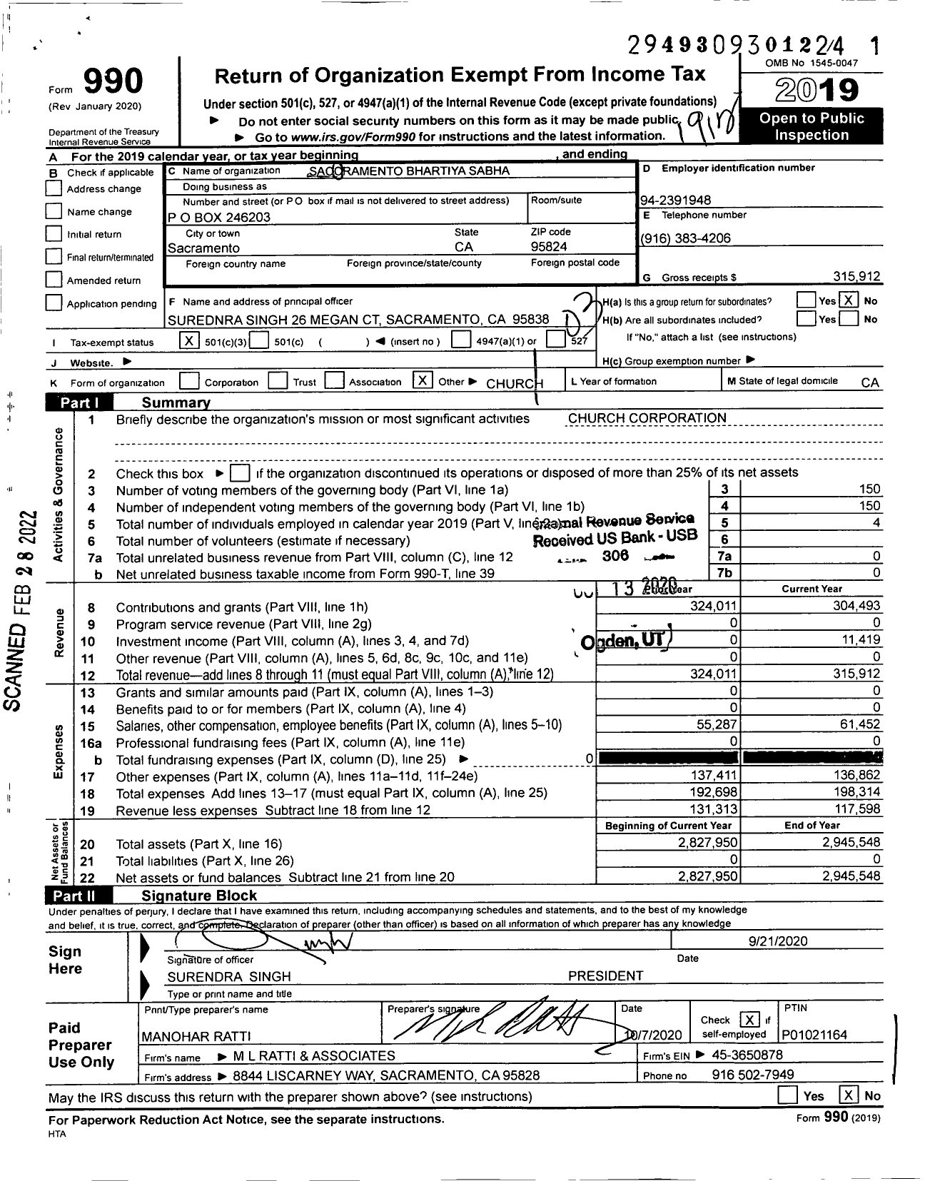 Image of first page of 2019 Form 990 for Sacramento Bhartiya Sabha