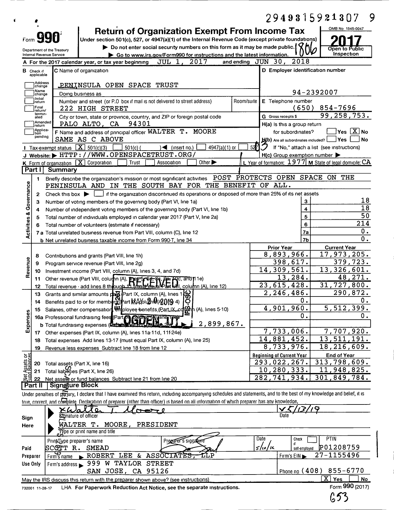Image of first page of 2017 Form 990 for Peninsula Open Space Trust