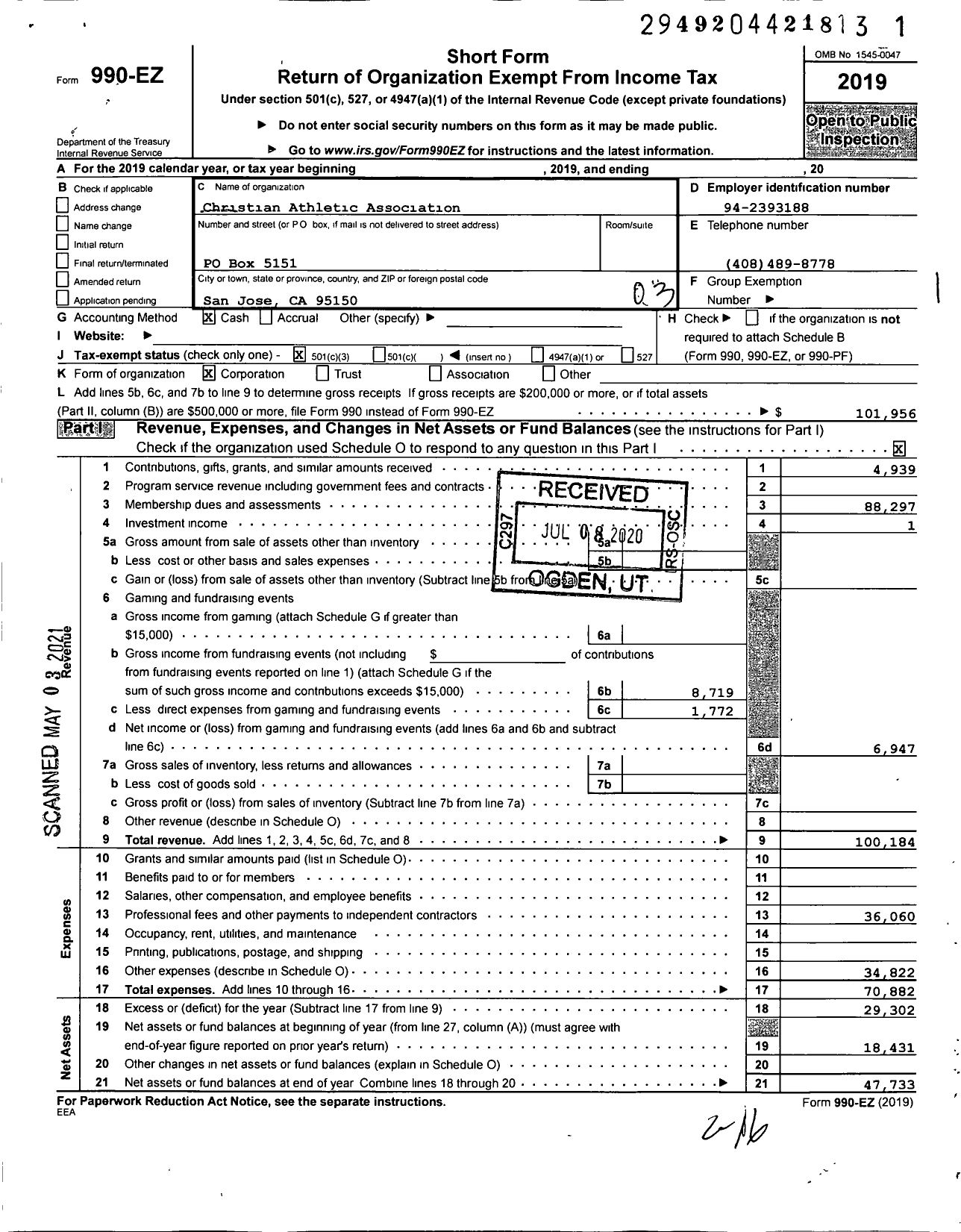 Image of first page of 2019 Form 990EZ for Christian Athletic Association South Bay Conference