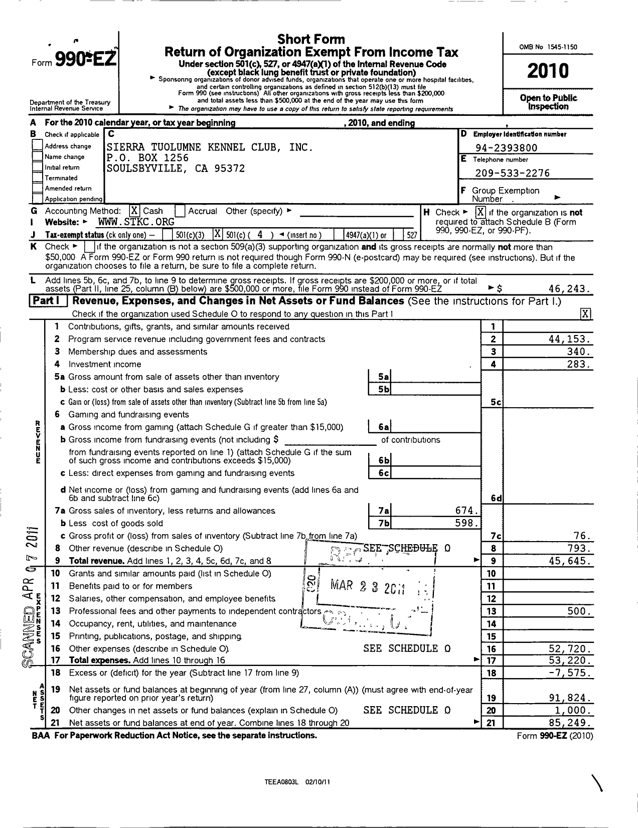 Image of first page of 2010 Form 990EO for Sierra Tuolumne Kennel Club