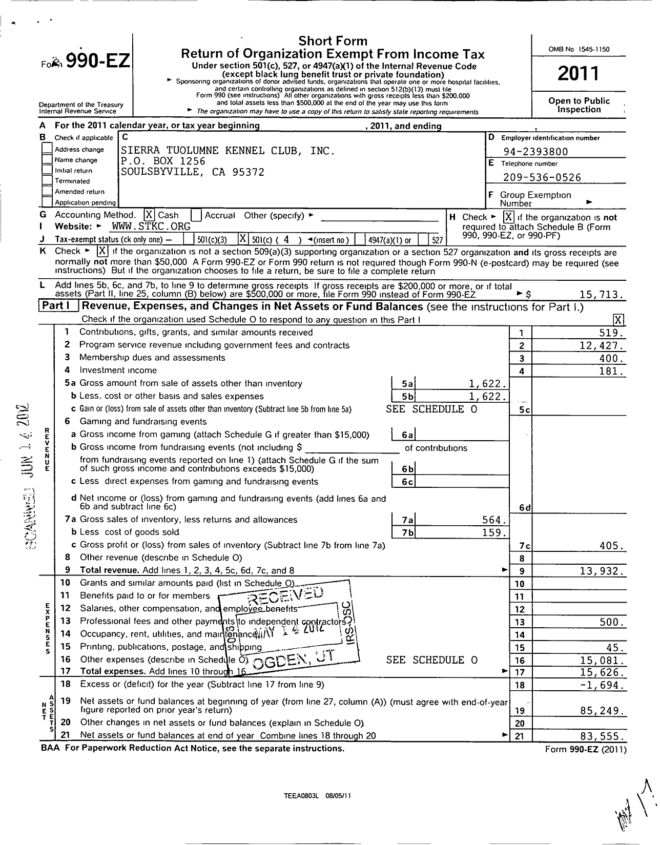 Image of first page of 2011 Form 990EO for Sierra Tuolumne Kennel Club