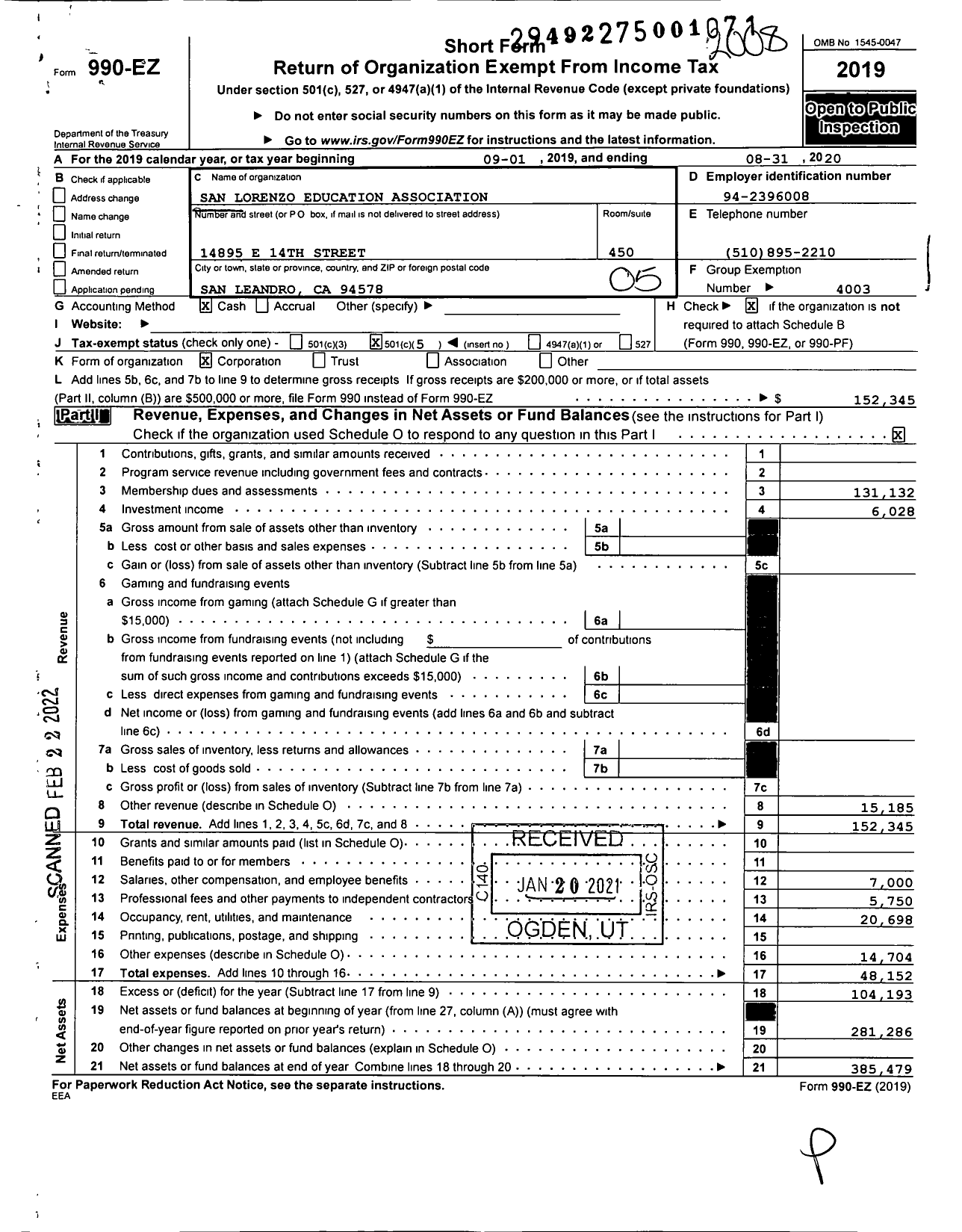 Image of first page of 2019 Form 990EO for California Teachers Association - San Lorenzo Education Assn