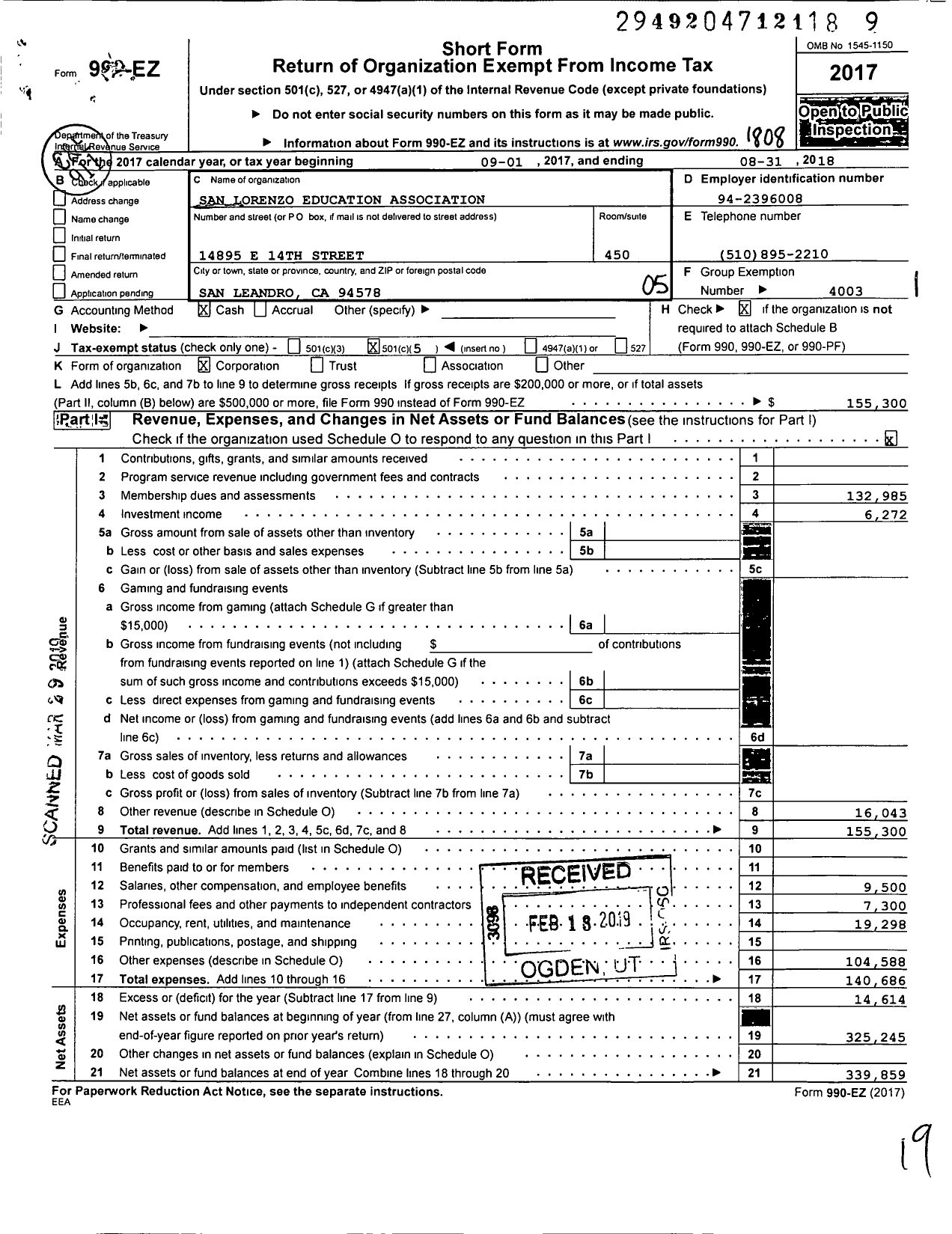 Image of first page of 2017 Form 990EO for California Teachers Association - San Lorenzo Education Assn