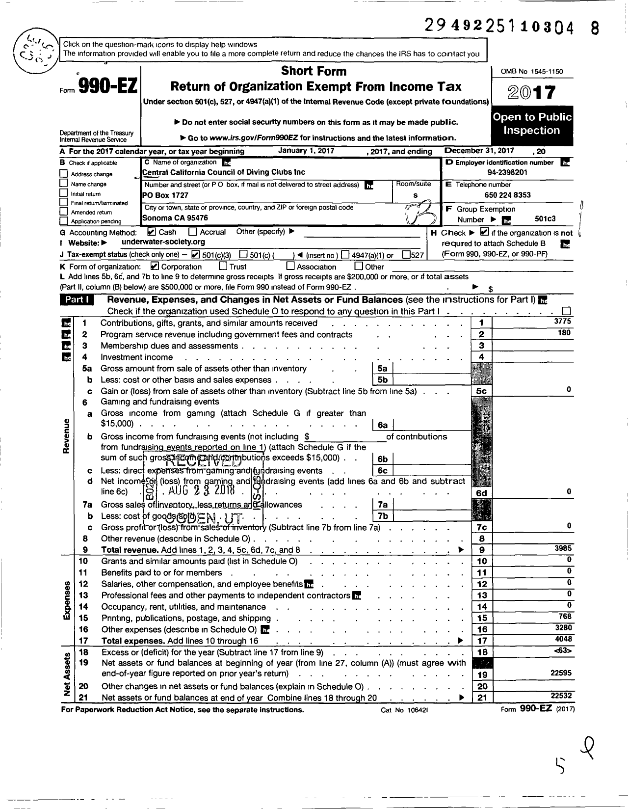 Image of first page of 2017 Form 990EZ for Central California Council of Diving Clubs