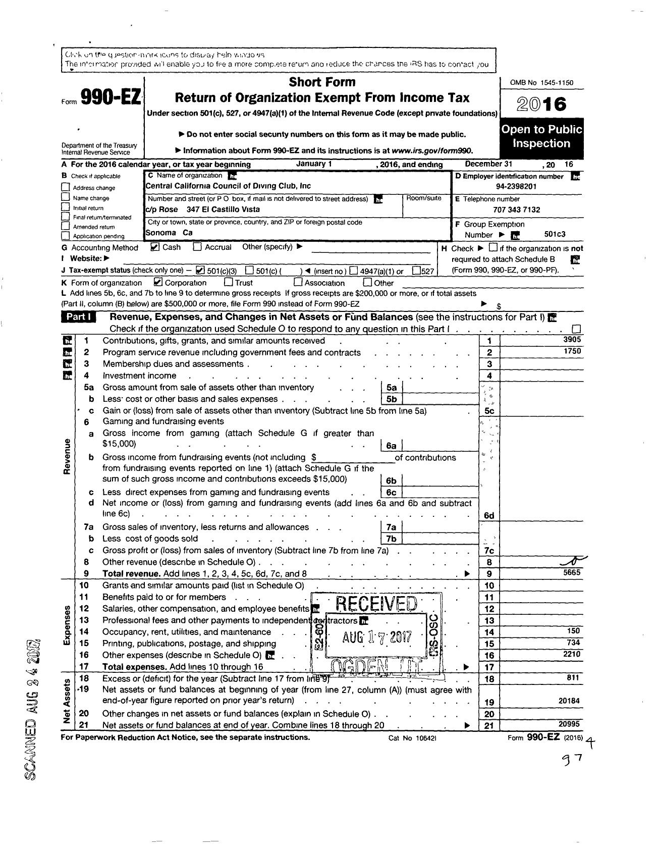 Image of first page of 2016 Form 990EZ for Central California Council of Diving Clubs