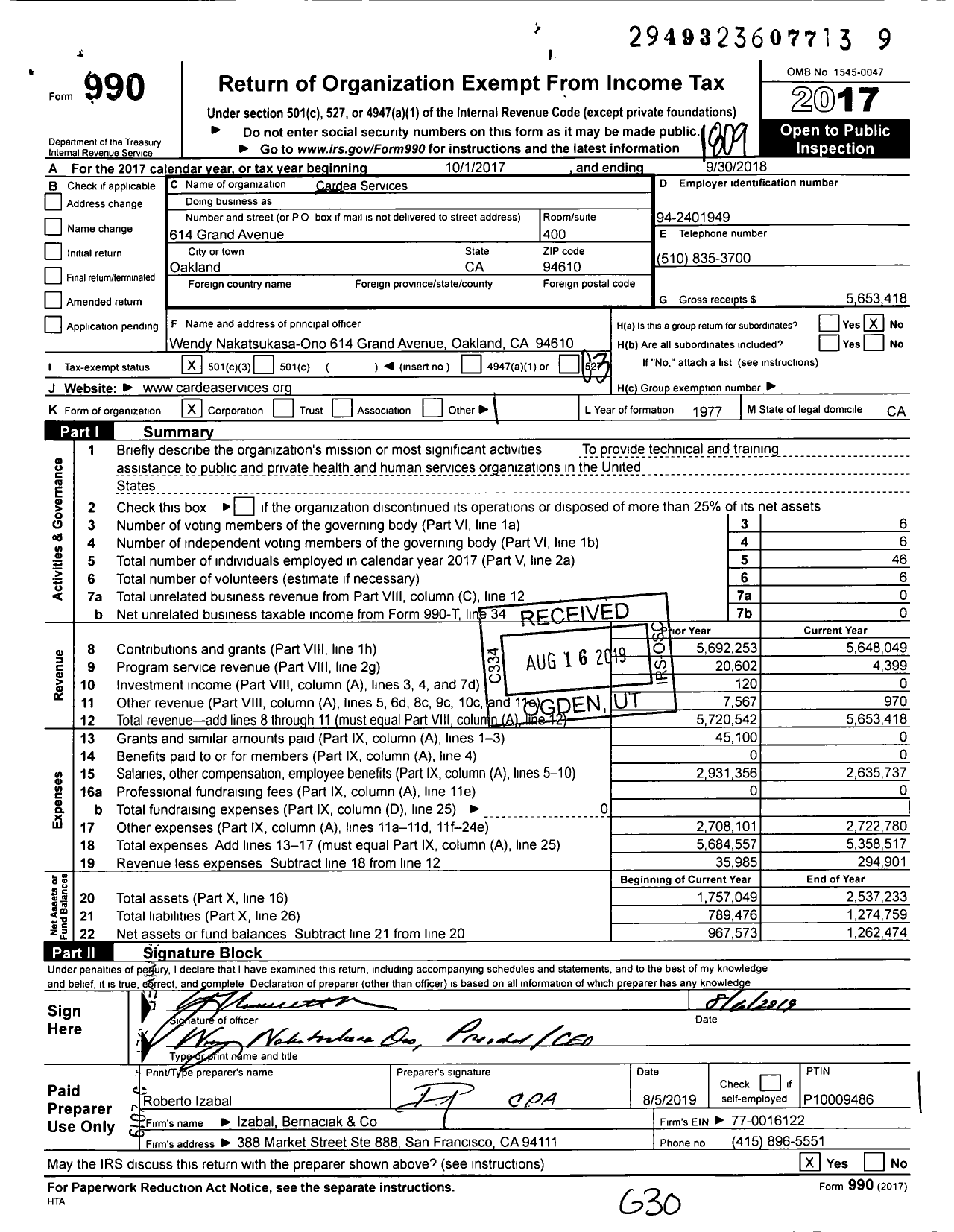 Image of first page of 2017 Form 990 for Cardea Services