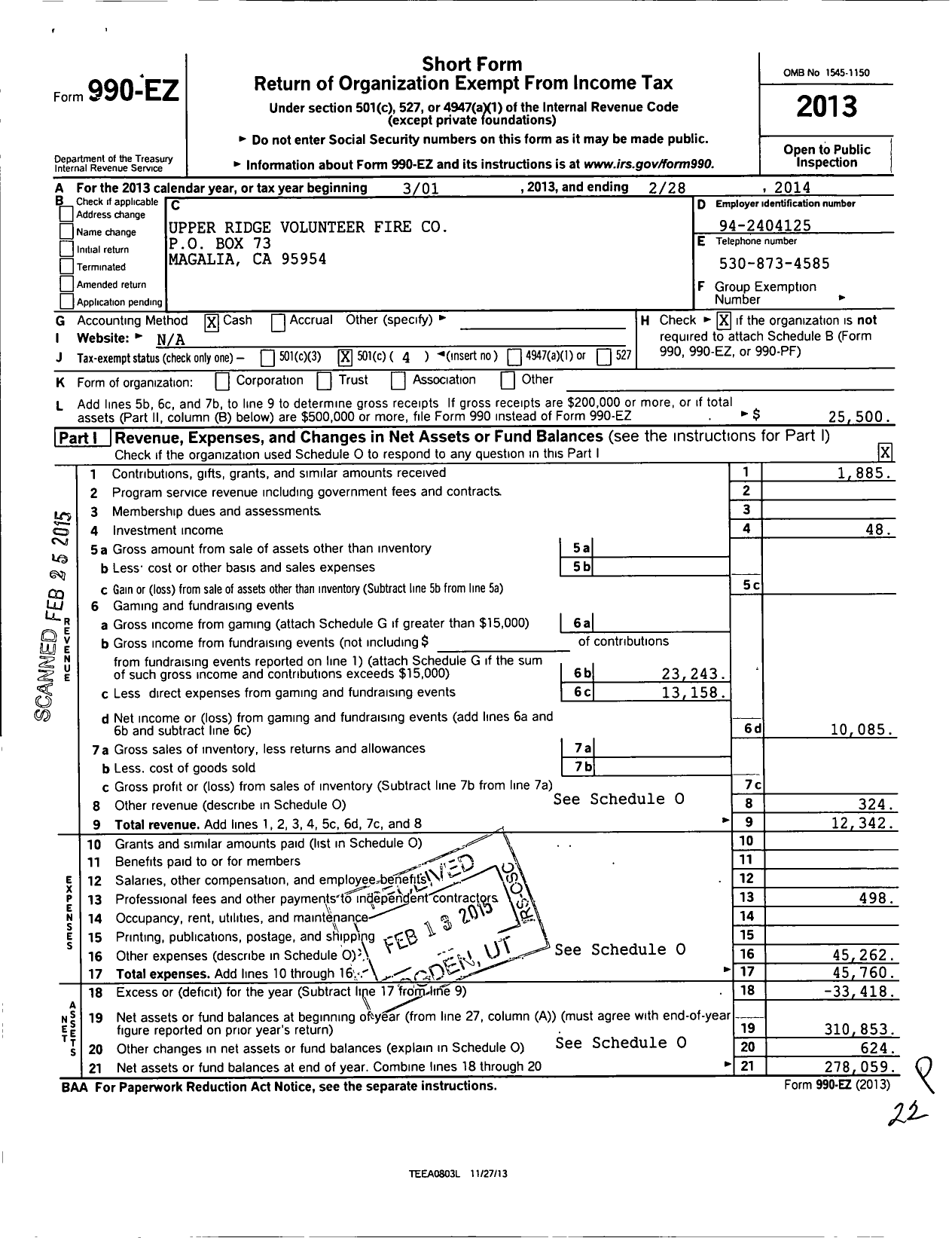 Image of first page of 2013 Form 990EO for Upper Ridge Volunteer Fire Company