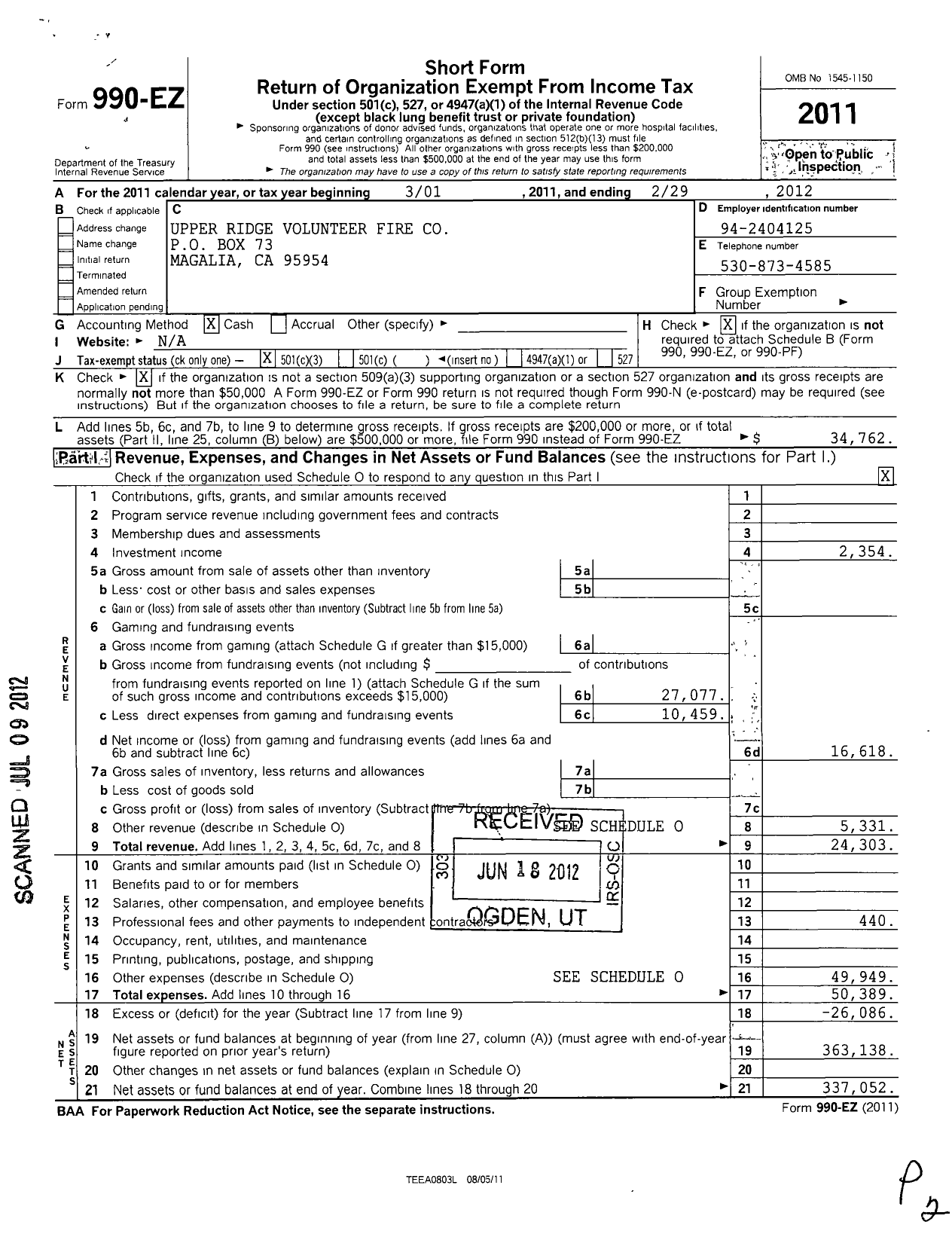 Image of first page of 2011 Form 990EZ for Upper Ridge Volunteer Fire Company