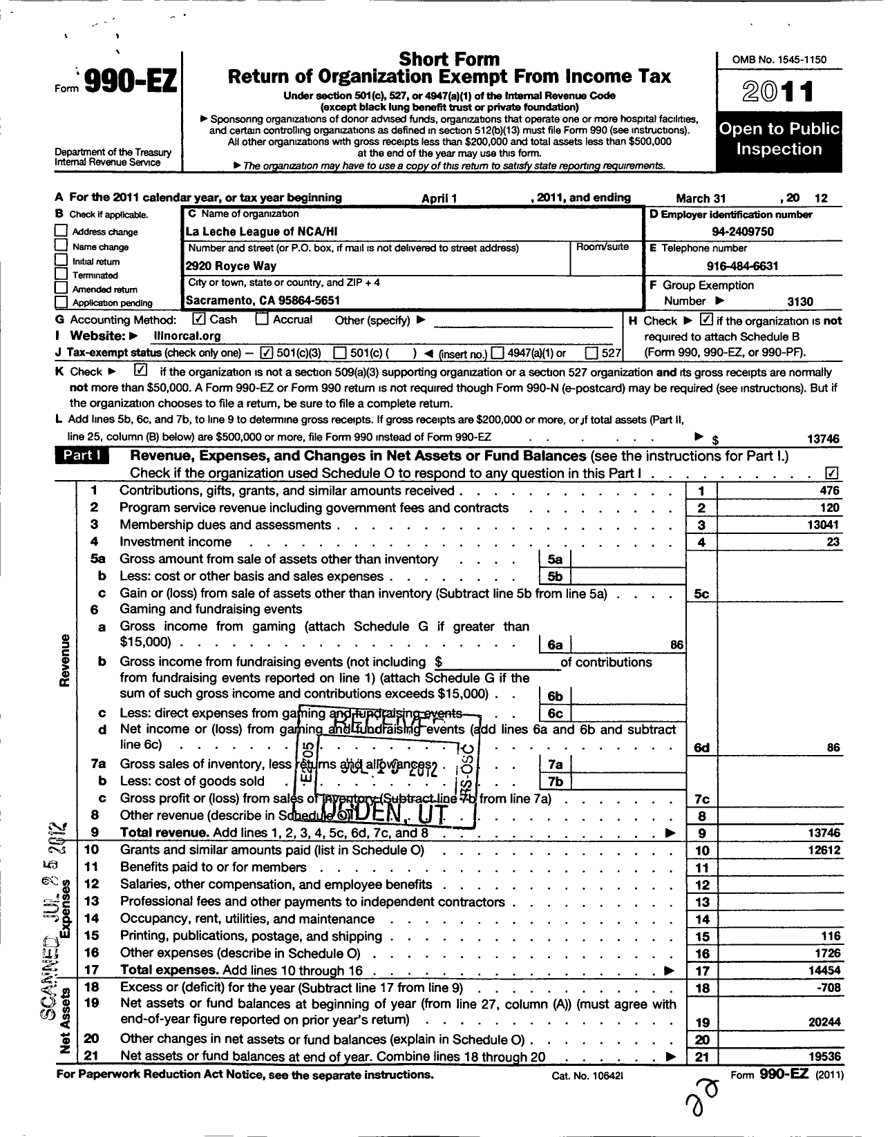 Image of first page of 2011 Form 990EZ for La Leche League International / LLL Northern California & Hawaii