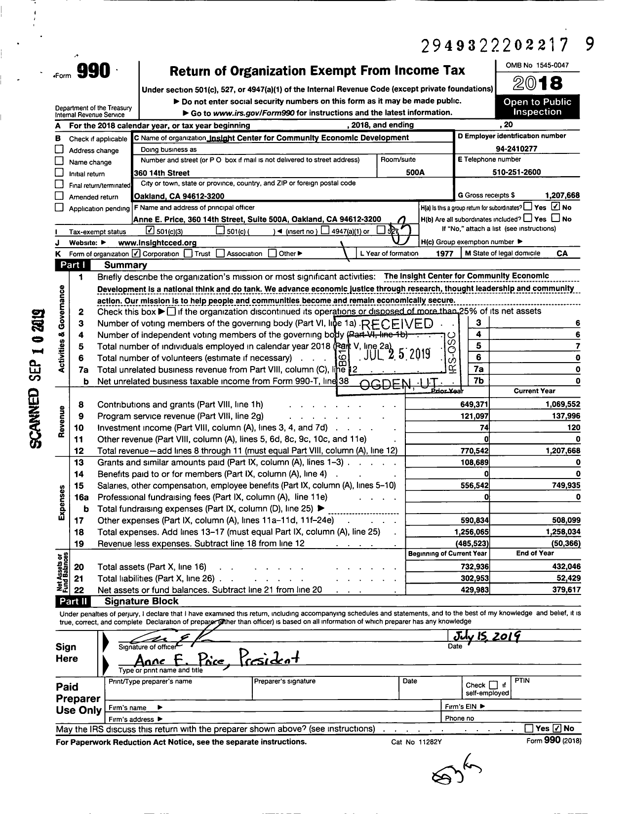 Image of first page of 2018 Form 990 for Insight Center for Community Economic