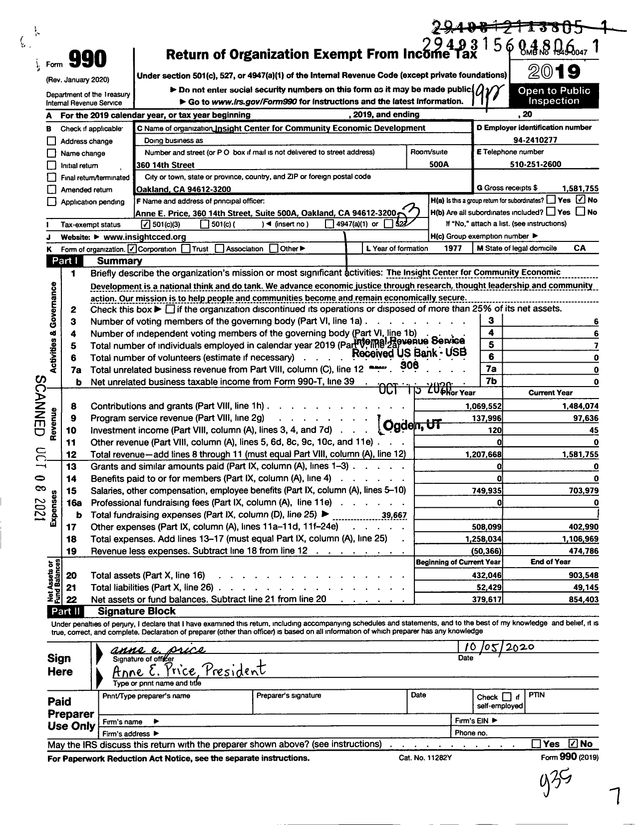 Image of first page of 2019 Form 990 for Insight Center for Community Economic