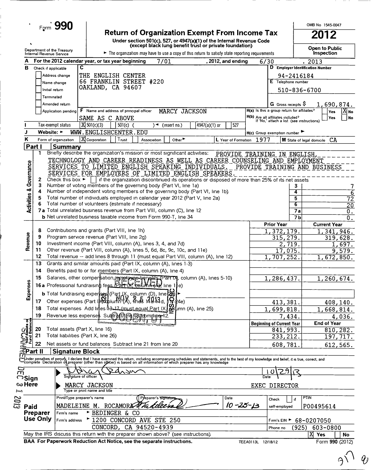 Image of first page of 2012 Form 990 for The English Center