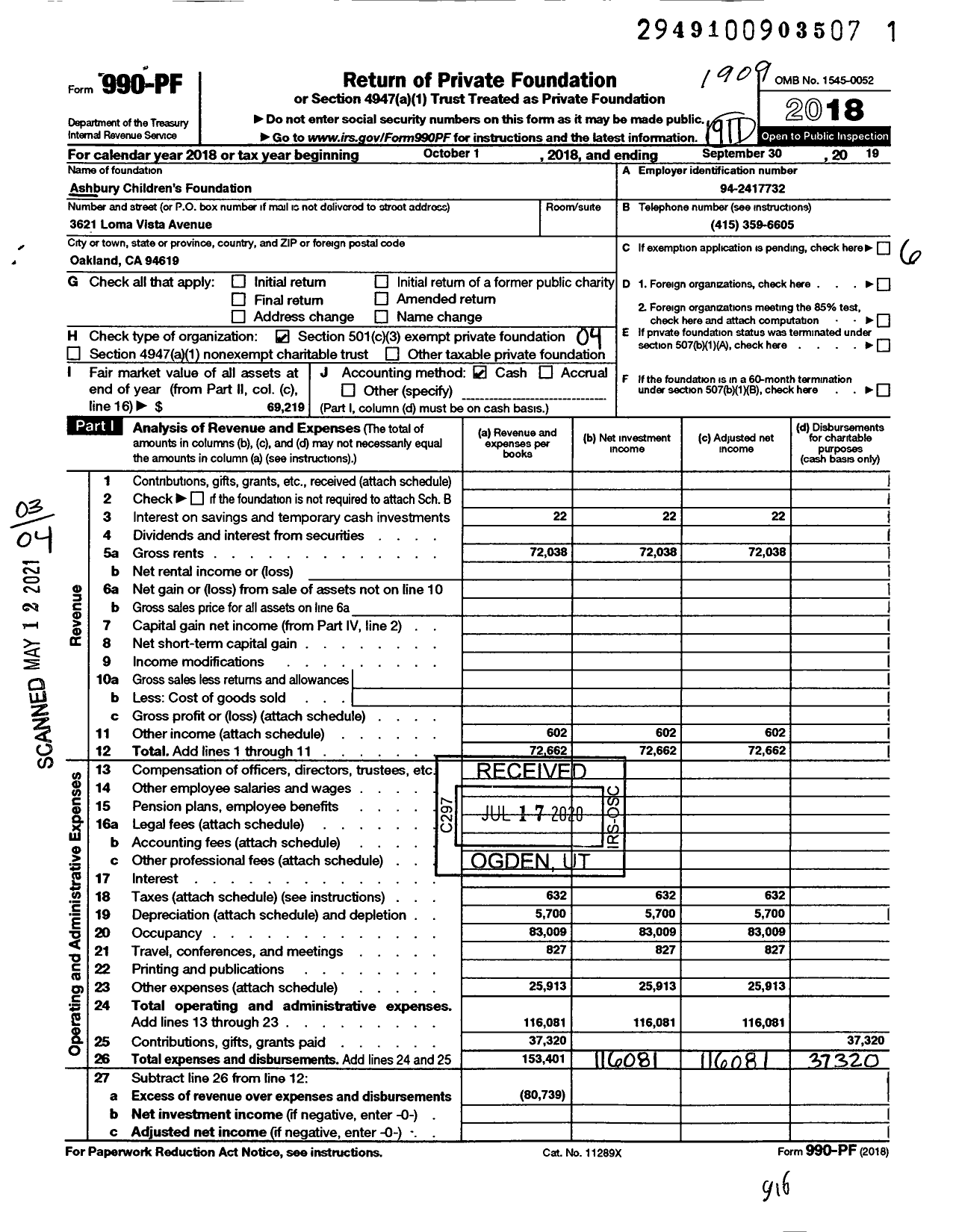 Image of first page of 2018 Form 990PF for Ashbury Childrens Foundation