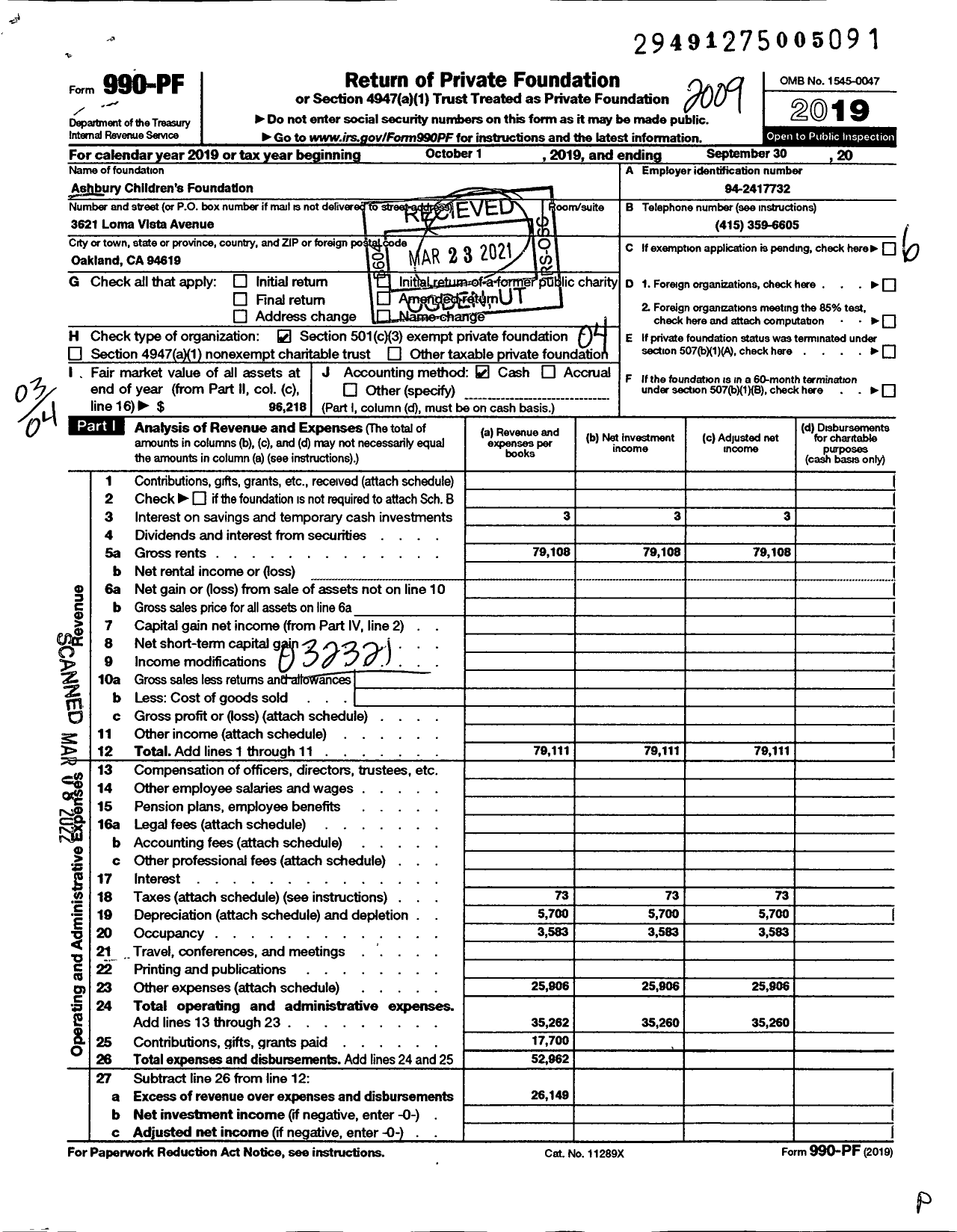 Image of first page of 2019 Form 990PF for Ashbury Childrens Foundation