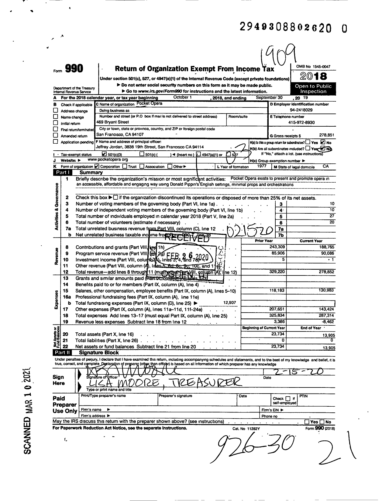 Image of first page of 2018 Form 990 for Pocket Opera