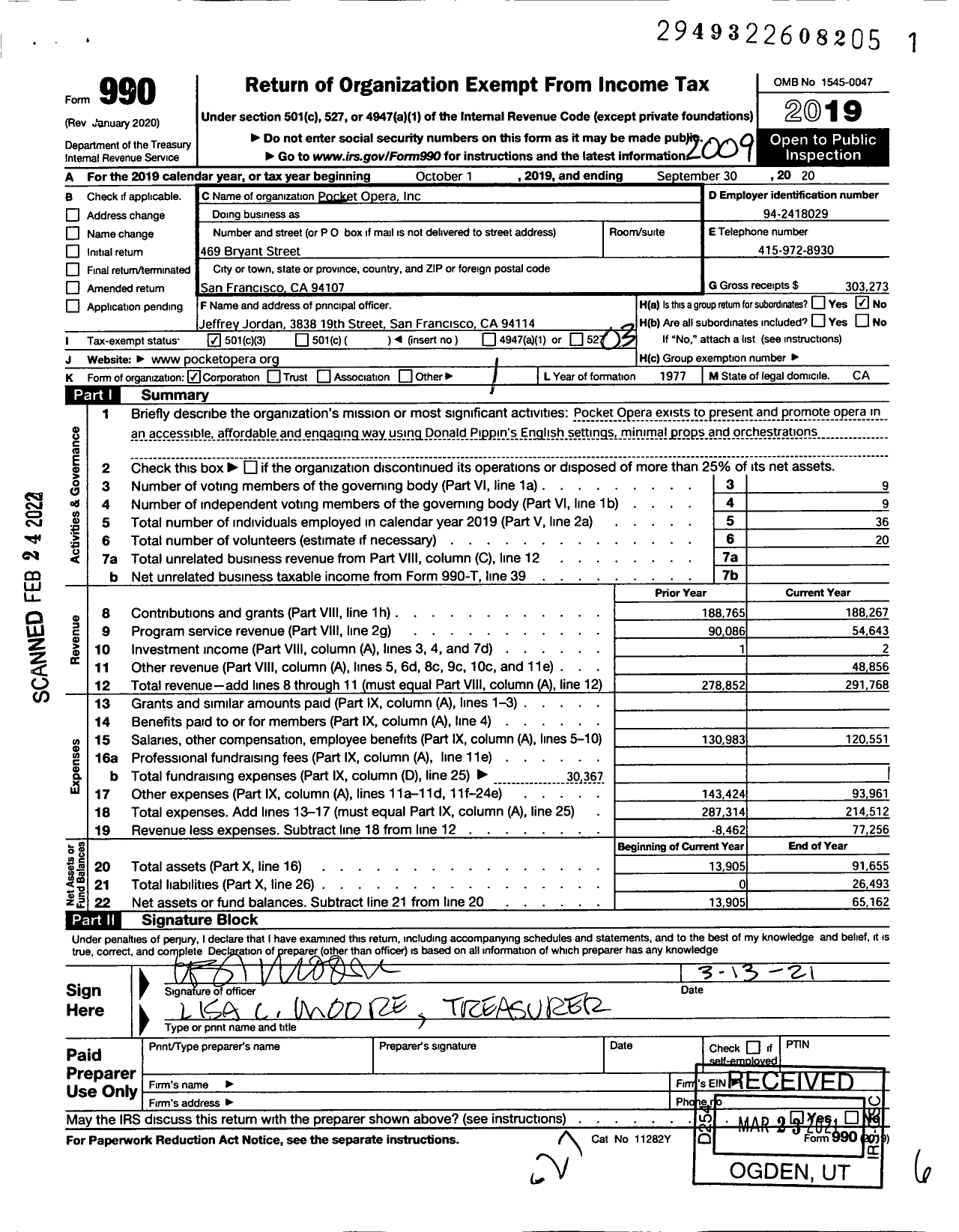 Image of first page of 2019 Form 990 for Pocket Opera