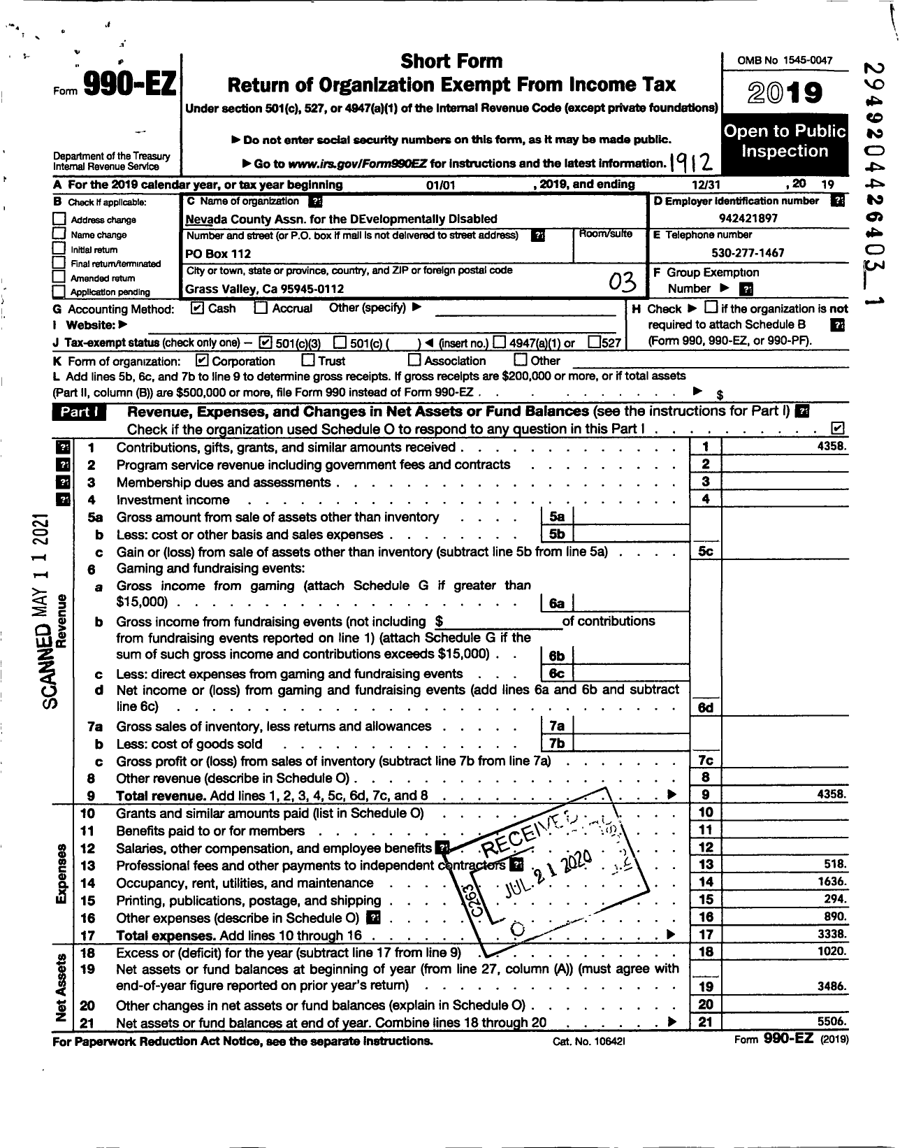 Image of first page of 2019 Form 990EZ for Nevada County Association for the Developmentally Disabled