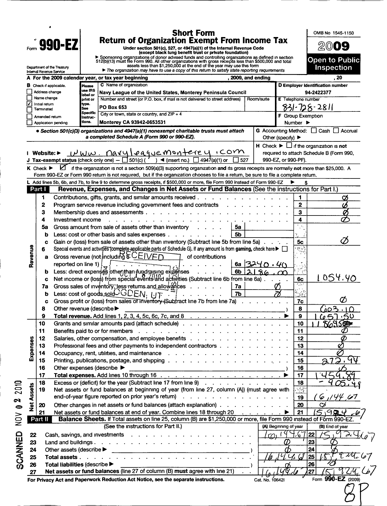 Image of first page of 2009 Form 990EO for Navy League of the United States / Monterey Peninsula Council