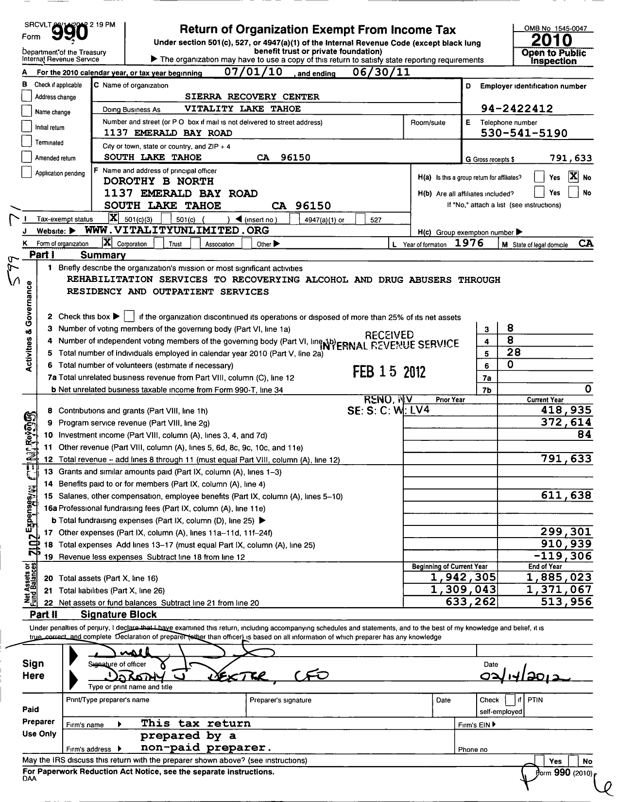 Image of first page of 2010 Form 990 for Sierra Recovery Center