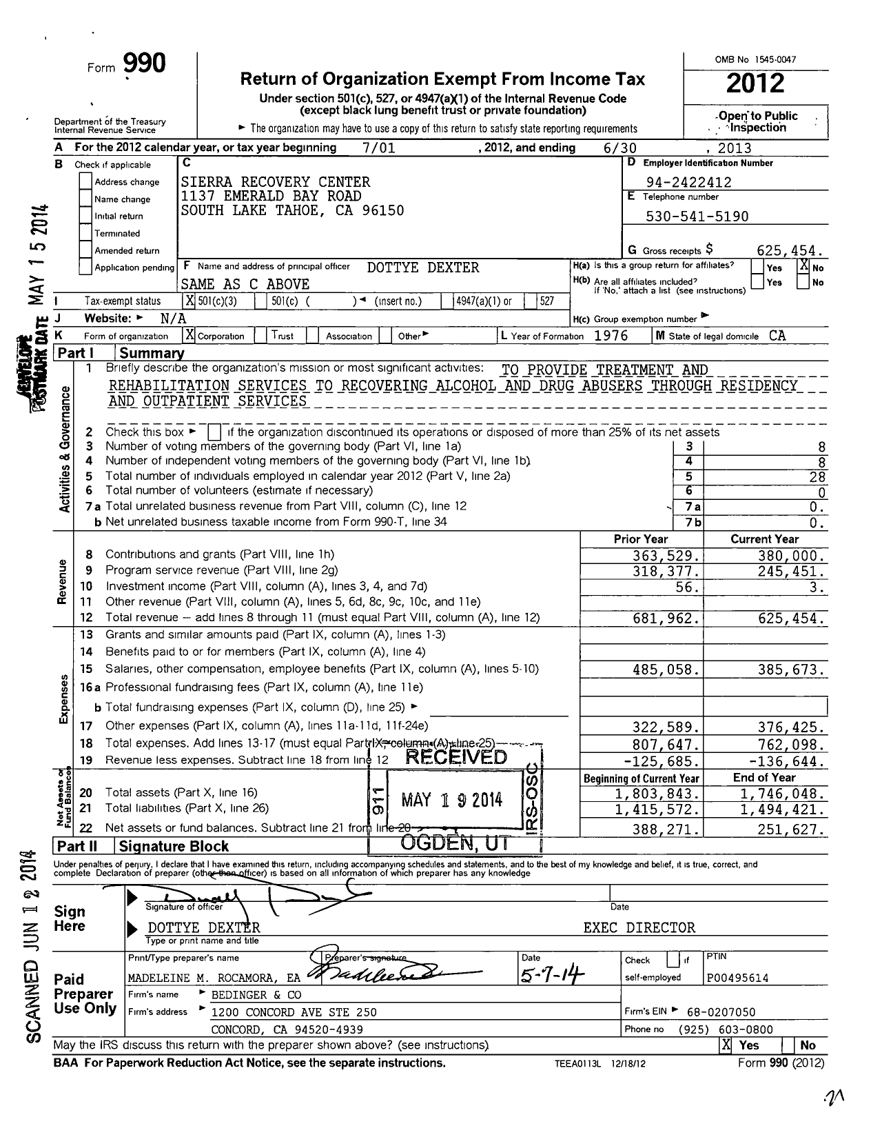 Image of first page of 2012 Form 990 for Sierra Recovery Center