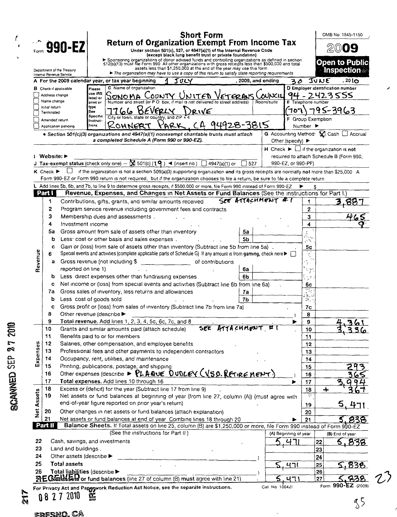 Image of first page of 2009 Form 990EO for Sonoma County United Veterans Council