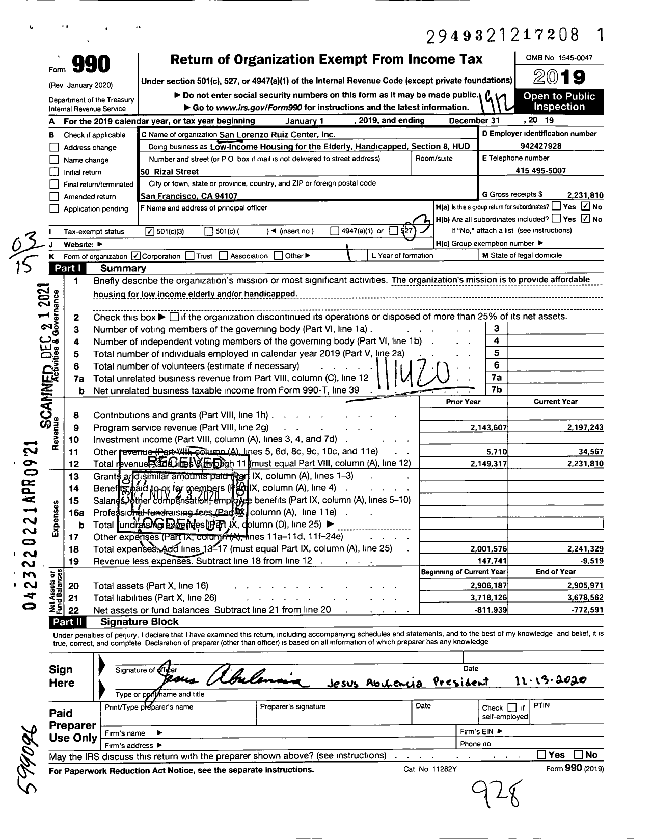 Image of first page of 2019 Form 990 for SAN LORENZO Ruiz Center