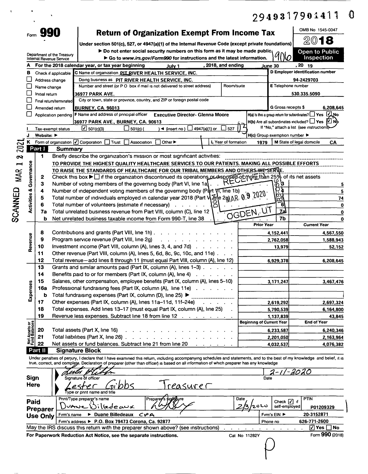 Image of first page of 2018 Form 990 for Pit River Health Service