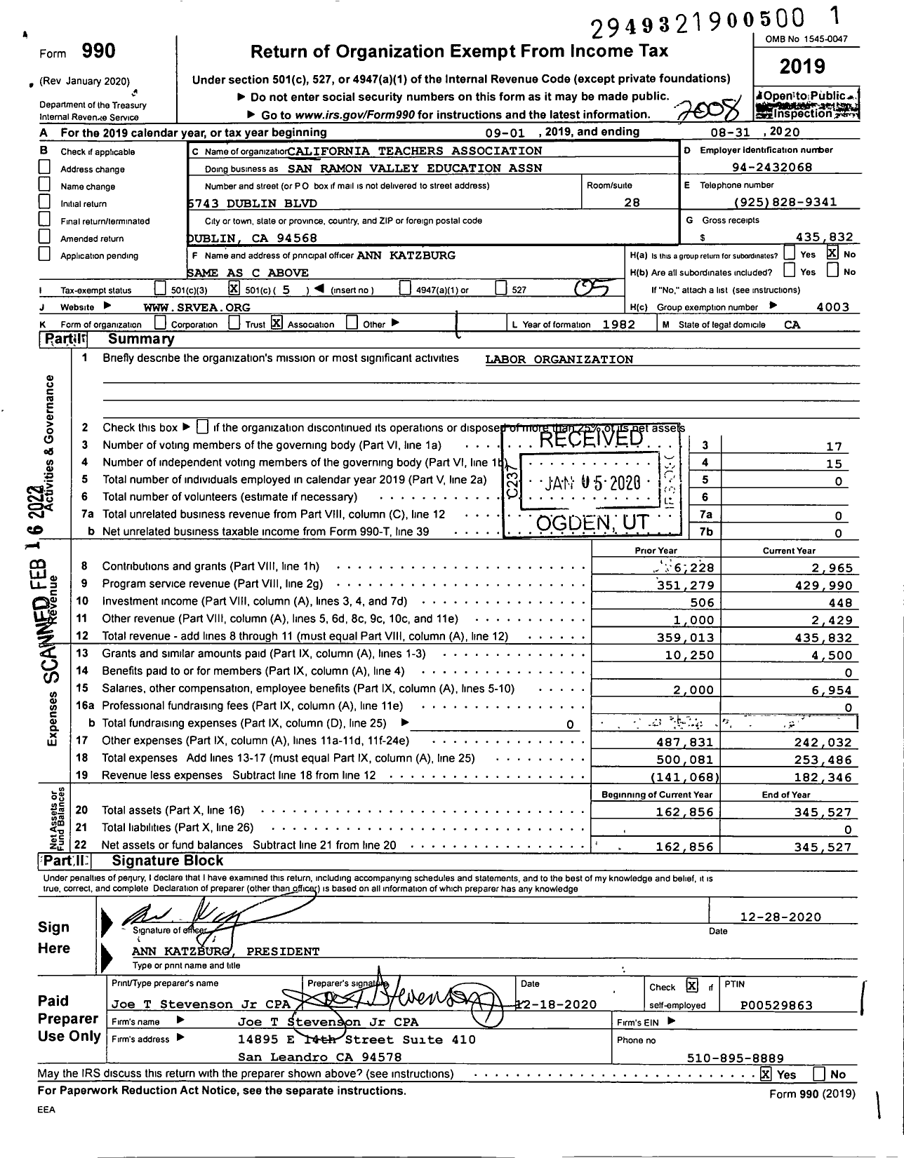 Image of first page of 2019 Form 990O for California Teachers Association San Ramon Valley Education Ass