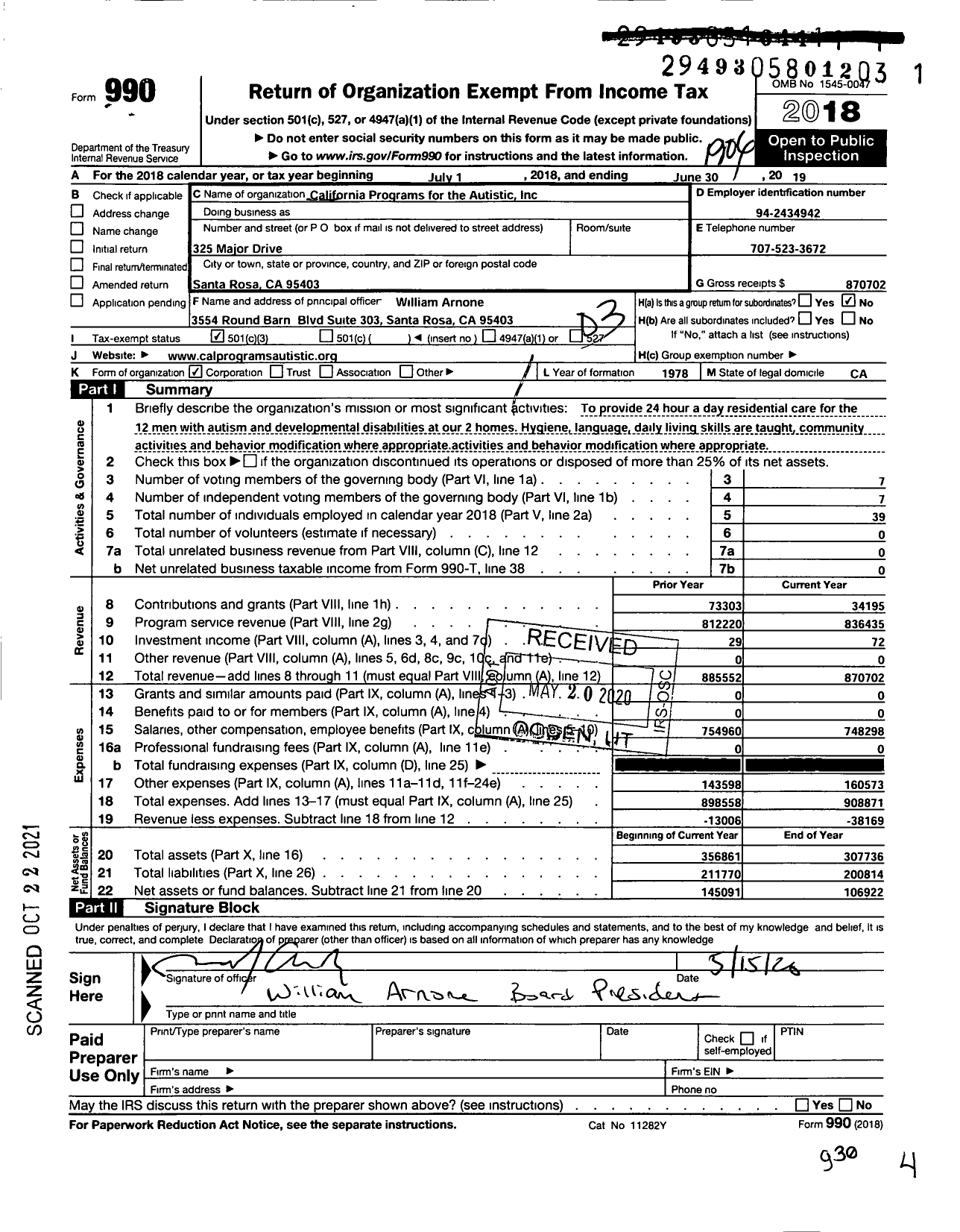 Image of first page of 2018 Form 990 for California Programs for the Autistic