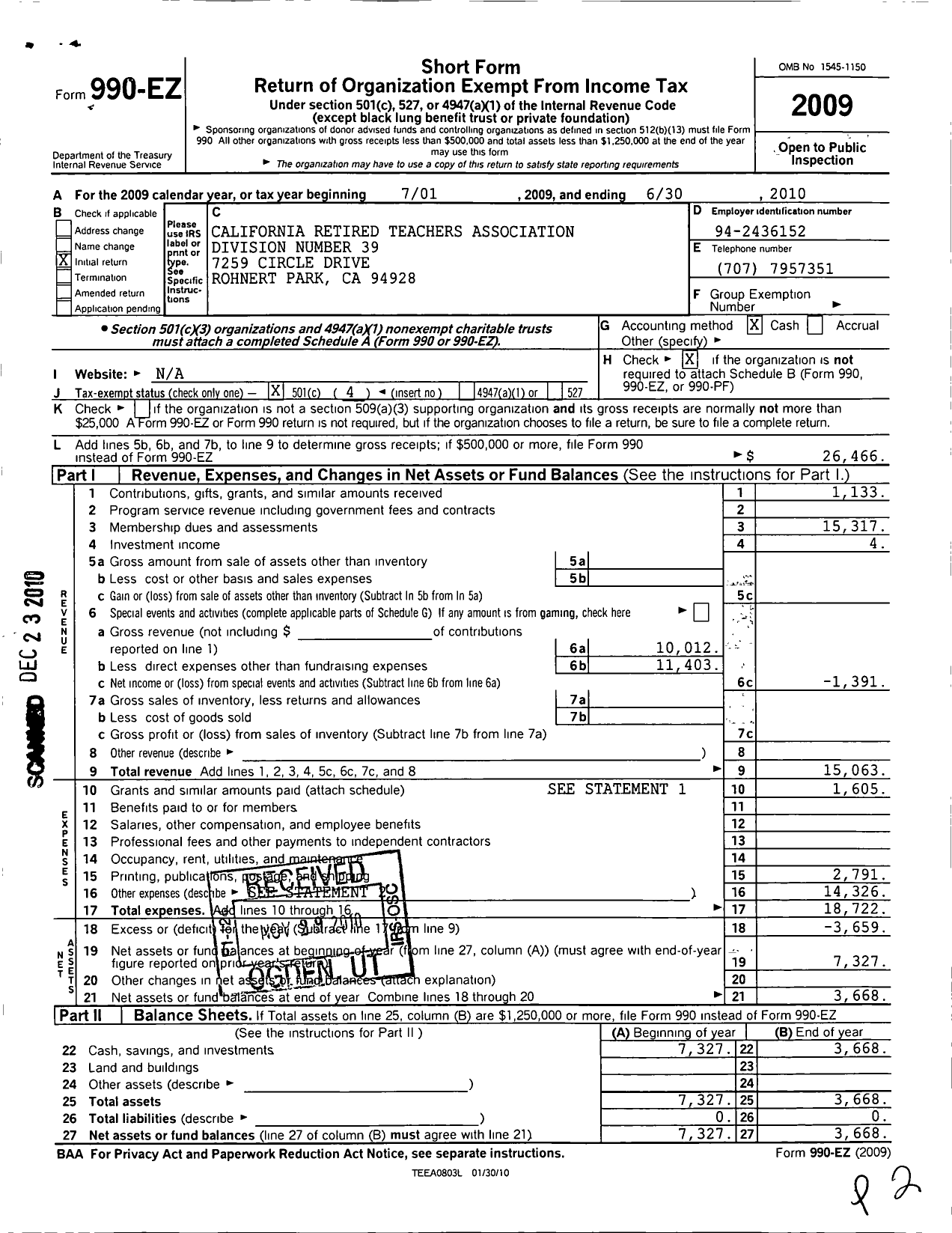 Image of first page of 2009 Form 990EO for California Retired Teachers Association / I-39 Sonoma