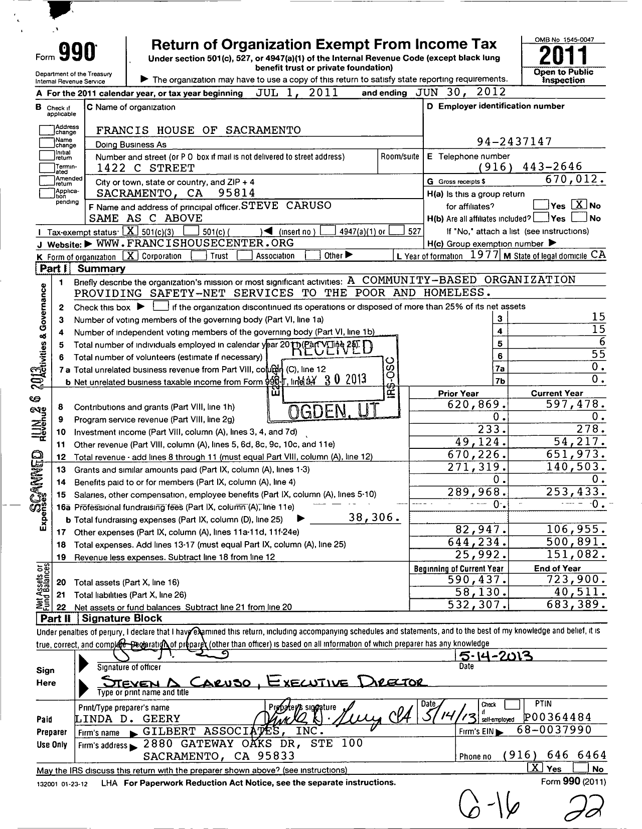 Image of first page of 2011 Form 990 for Francis House of Sacramento