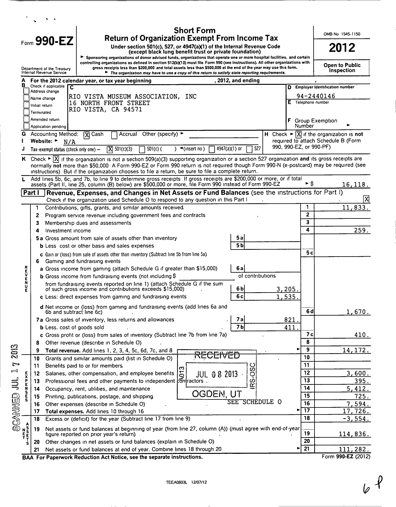 Image of first page of 2012 Form 990EZ for Rio Vista Museum Association