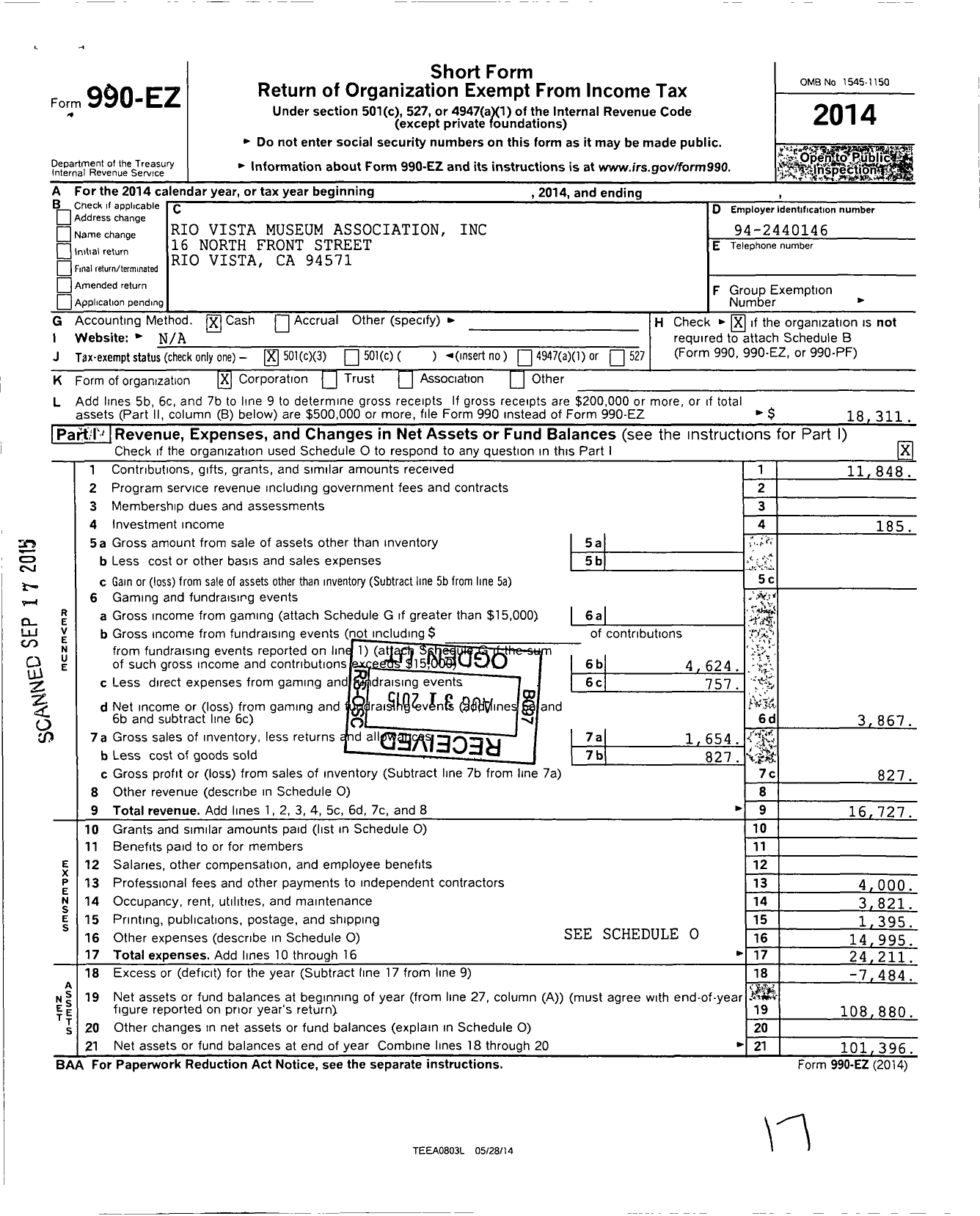 Image of first page of 2014 Form 990EZ for Rio Vista Museum Association