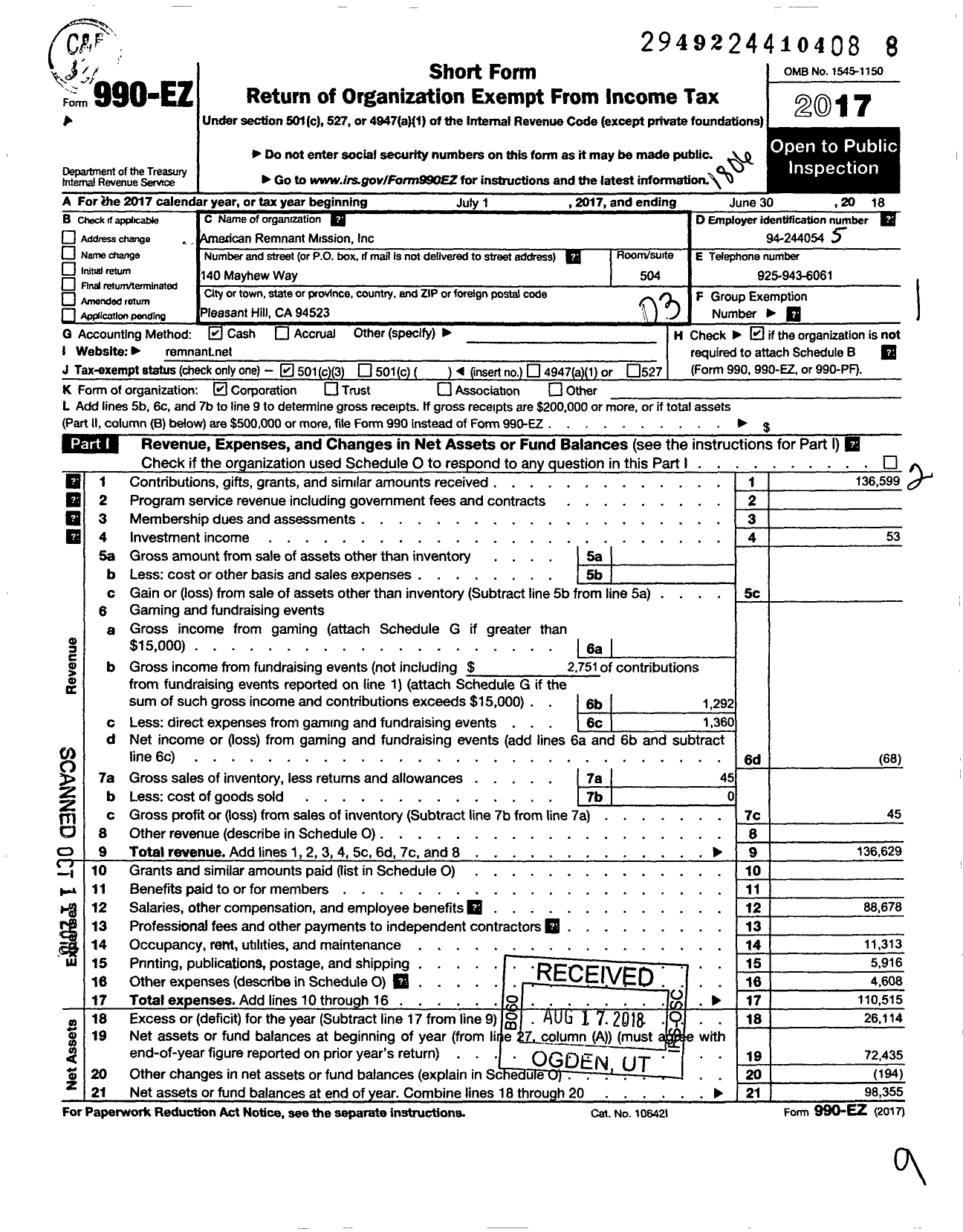 Image of first page of 2017 Form 990EZ for American Remnant Mission