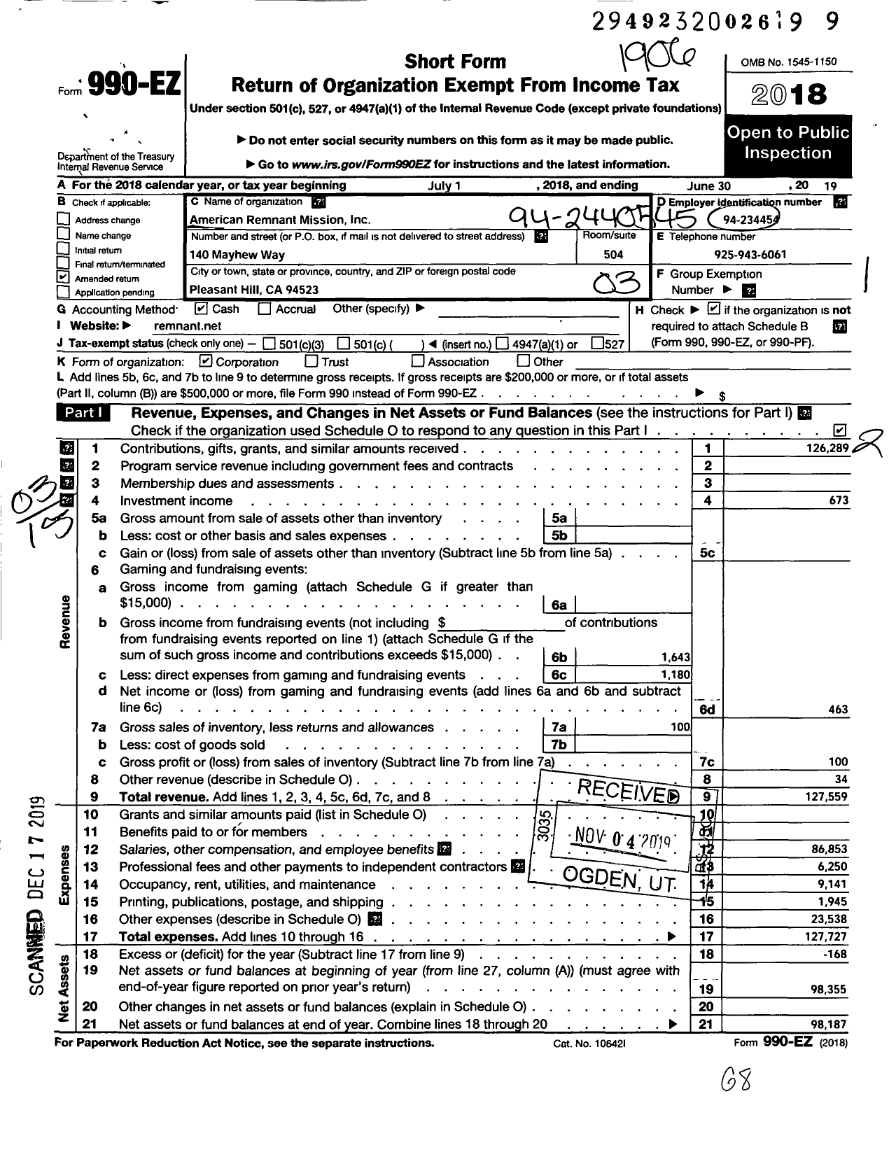 Image of first page of 2018 Form 990EZ for American Remnant Mission